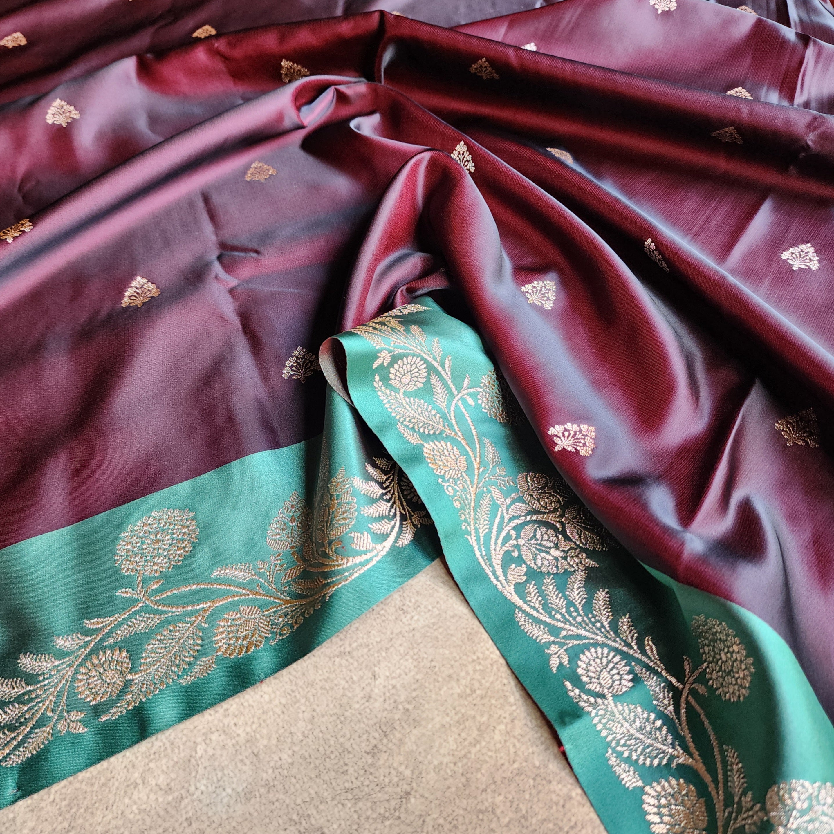 Chocolate Brown Pure Banarasi Katan Silk Saree with Sea Green Border