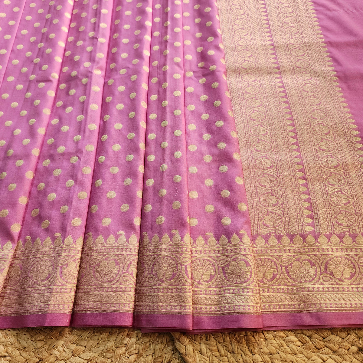Mauve Pink Banarasi Silk Dupatta with Gold Polka Dot