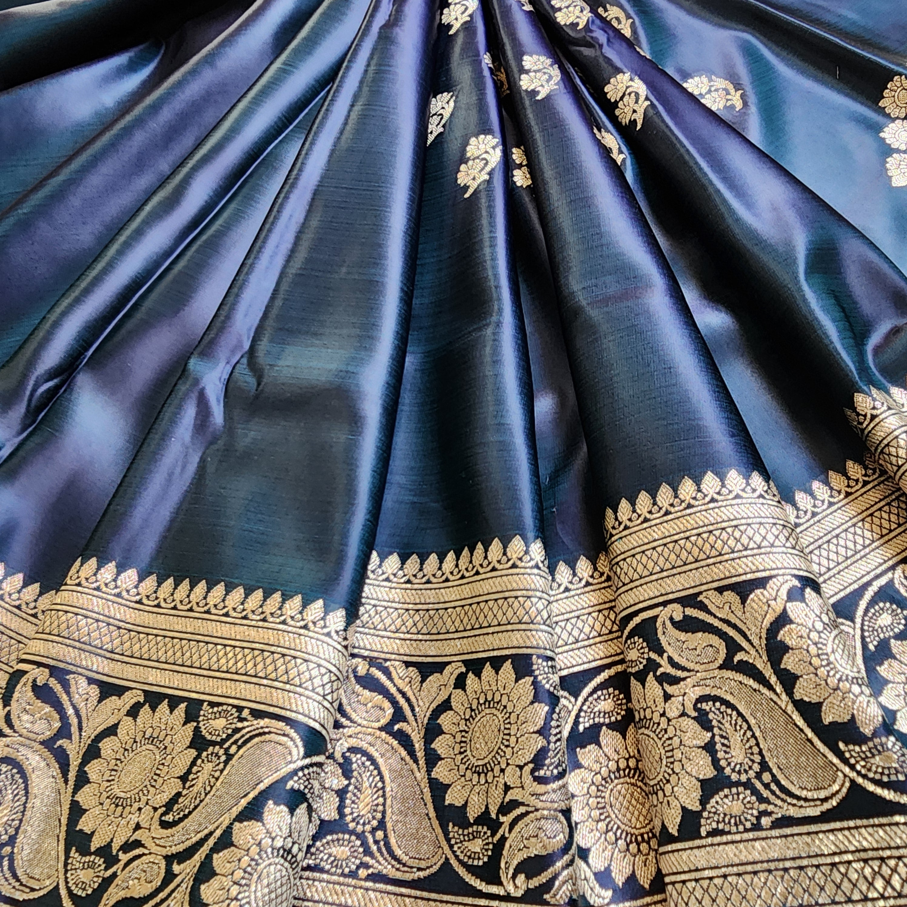 Teal Blue Pure Banarasi Katan Silk Saree with light Gold Zari Weaving