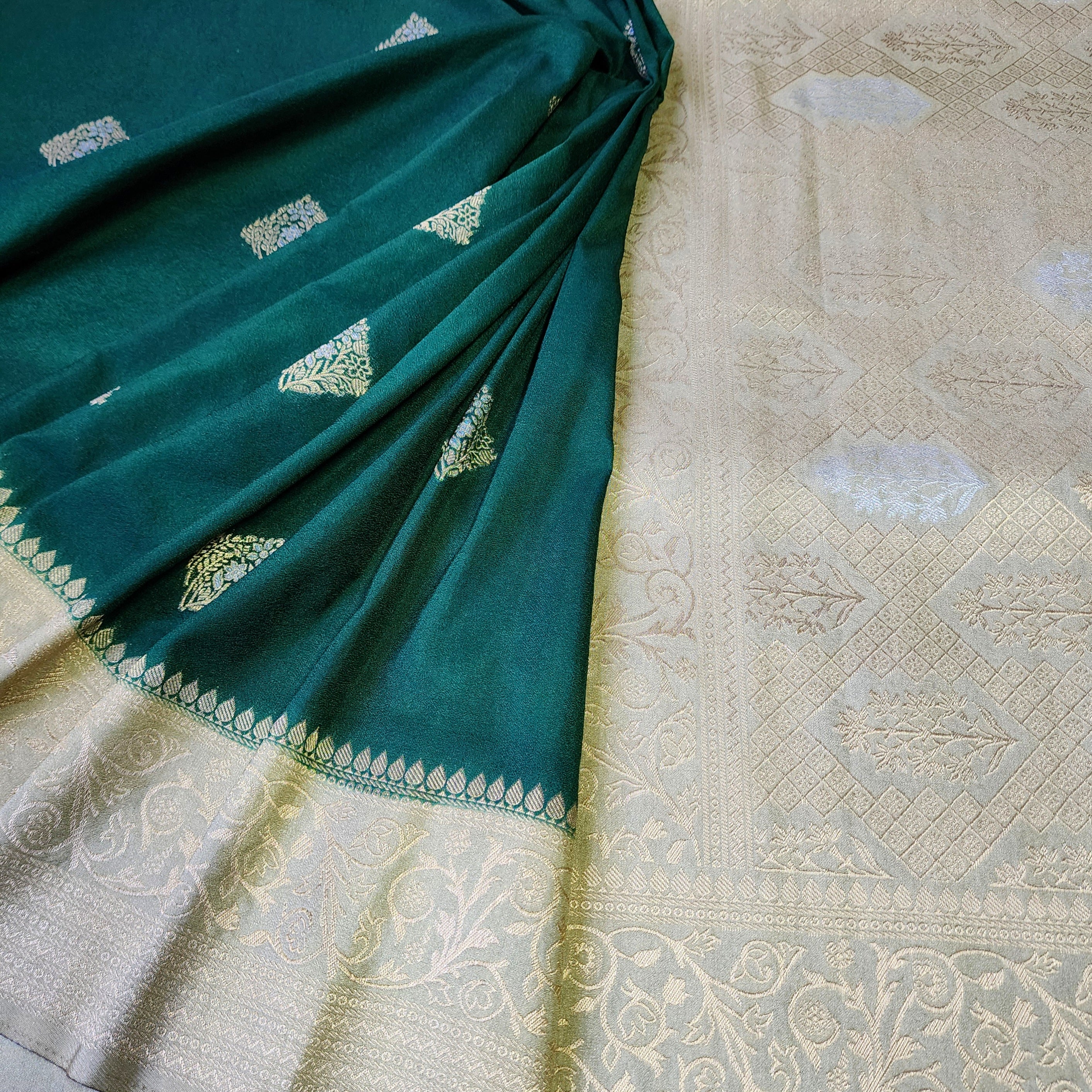 Bottle Green Crepe Georgette Silk Saree with Soft Champagne Gold Zari Border