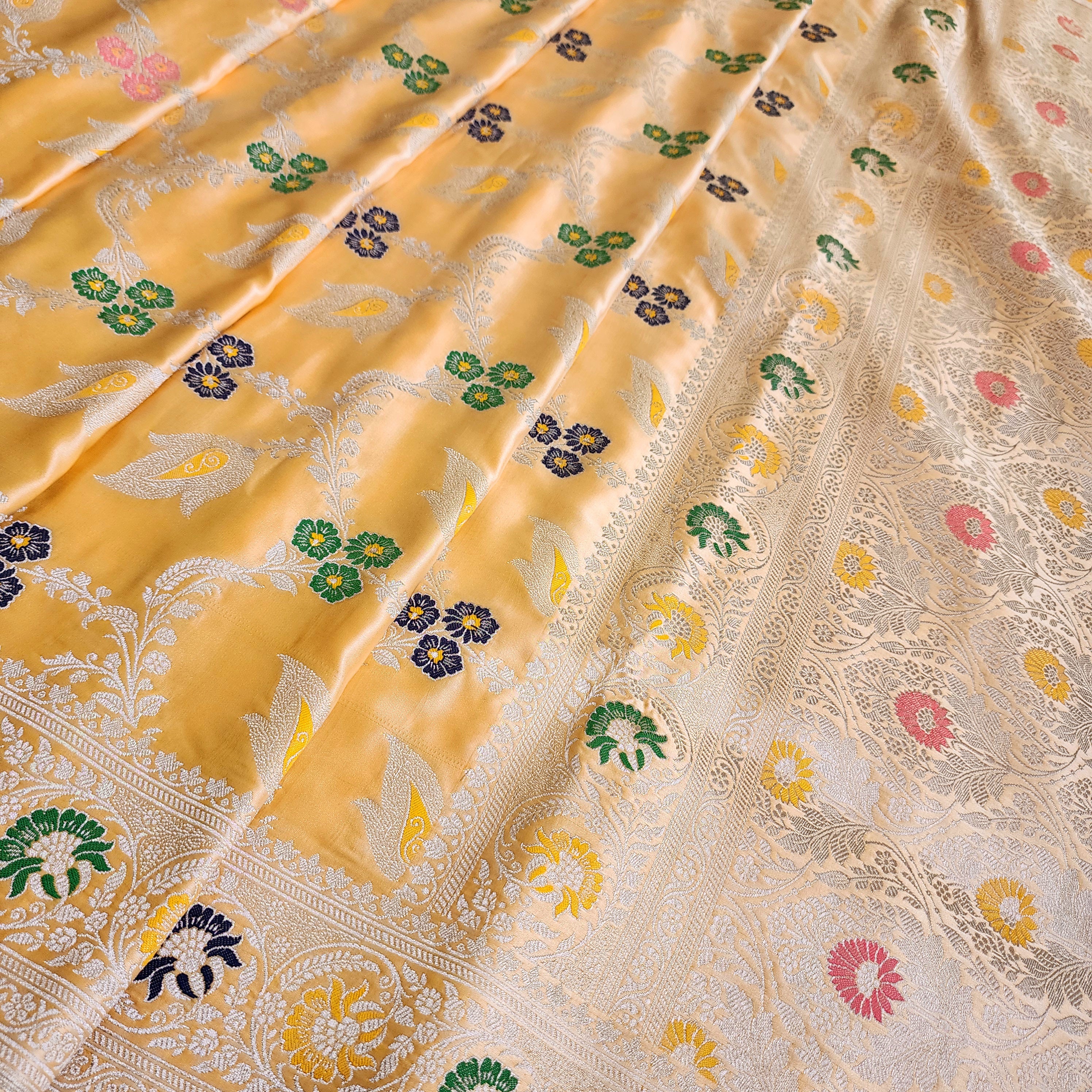 Enriched Light Orange Banarasi Katan Silk Saree with Multicolor Meenakari Floral Jaal