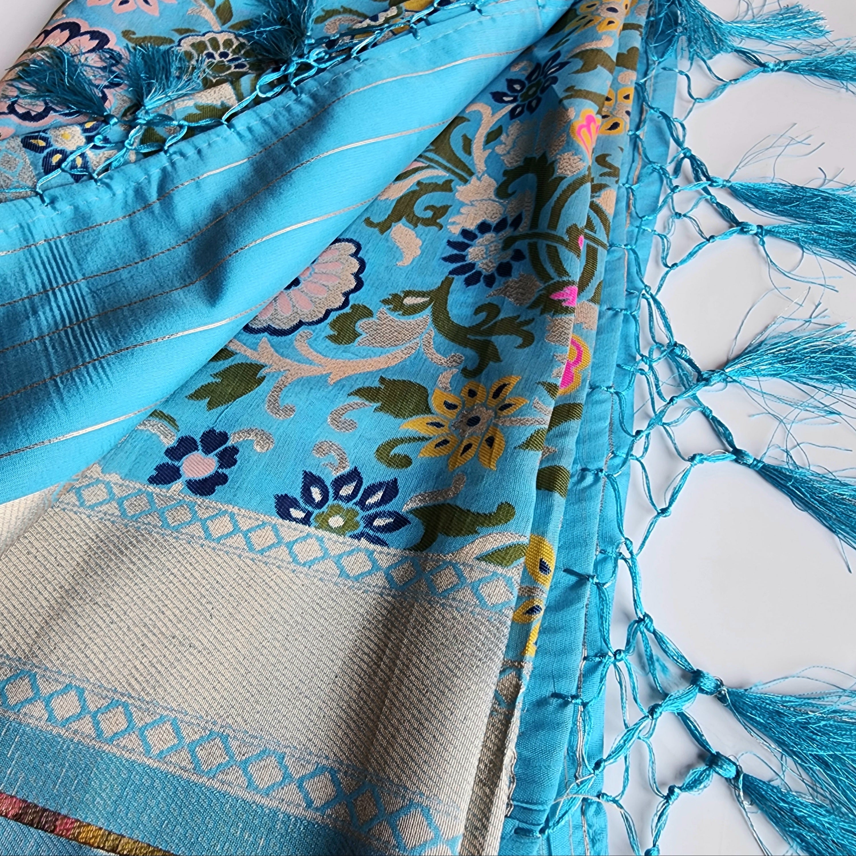 Banarasi Silk Sky Blue Dupatta with Multicolor & Gold Floral Handweaving