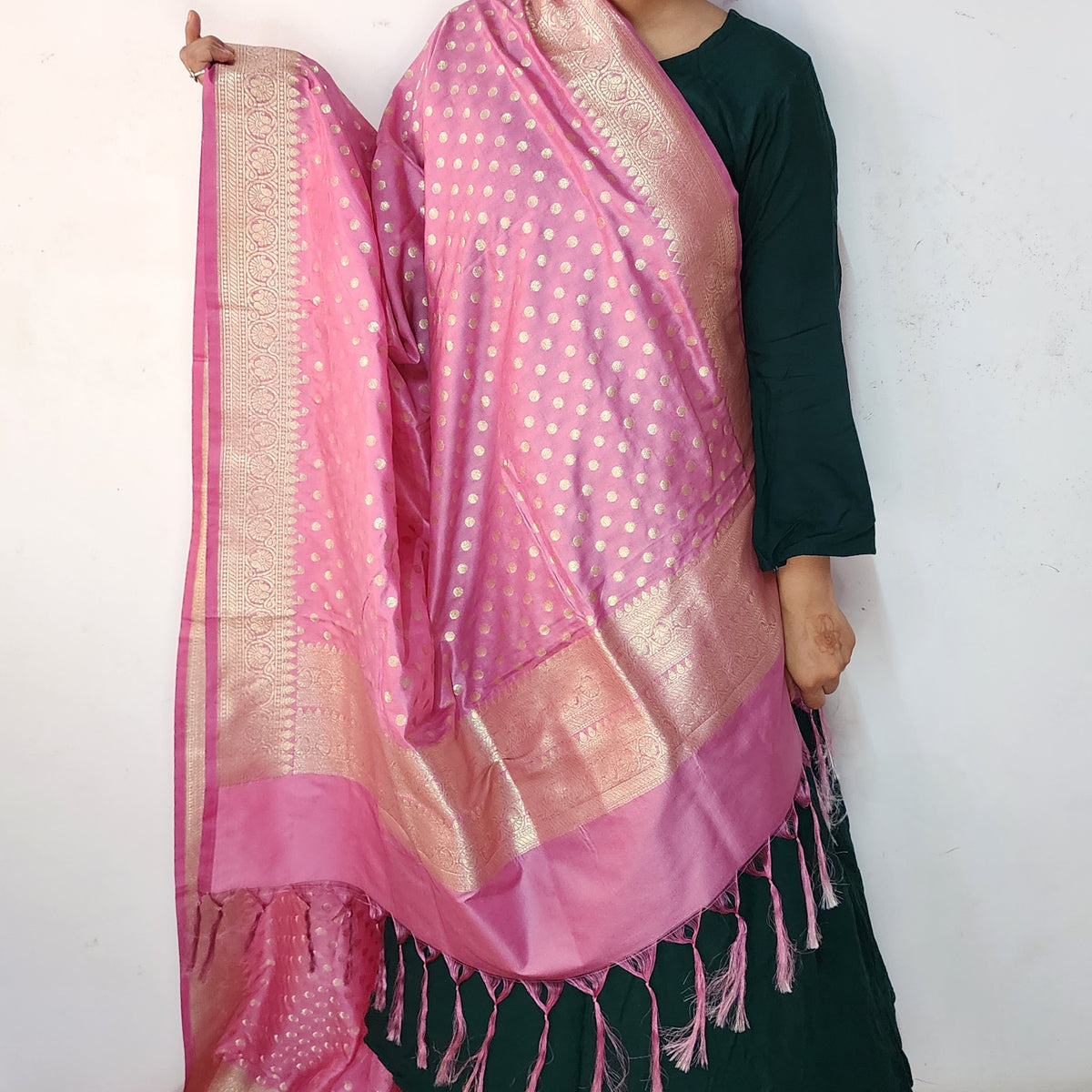 Dusty Rose Banarasi Silk Dupatta with Gold Polka Dot