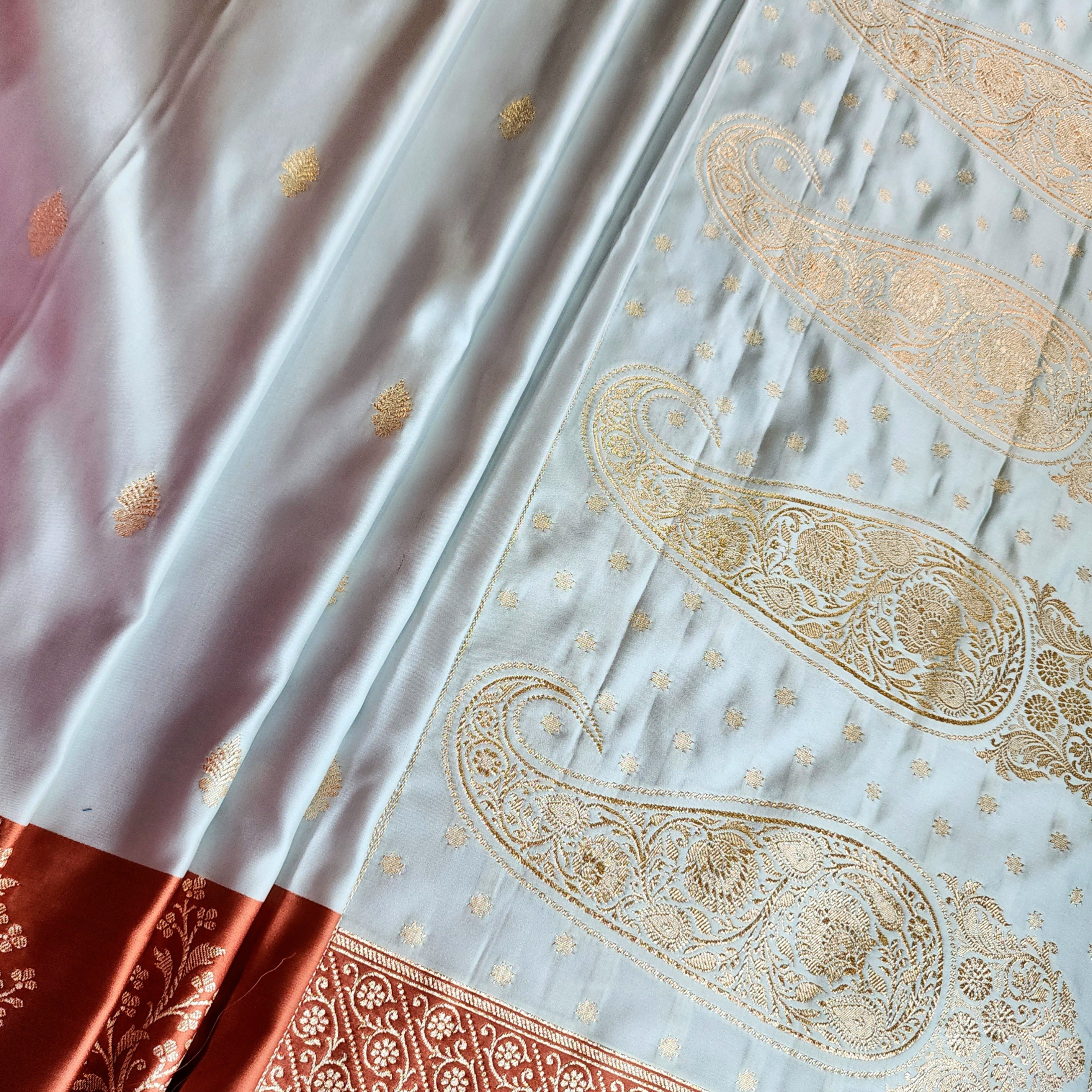 Ice Blue Katan Silk Saree with Peach Beige Gold Zari Border