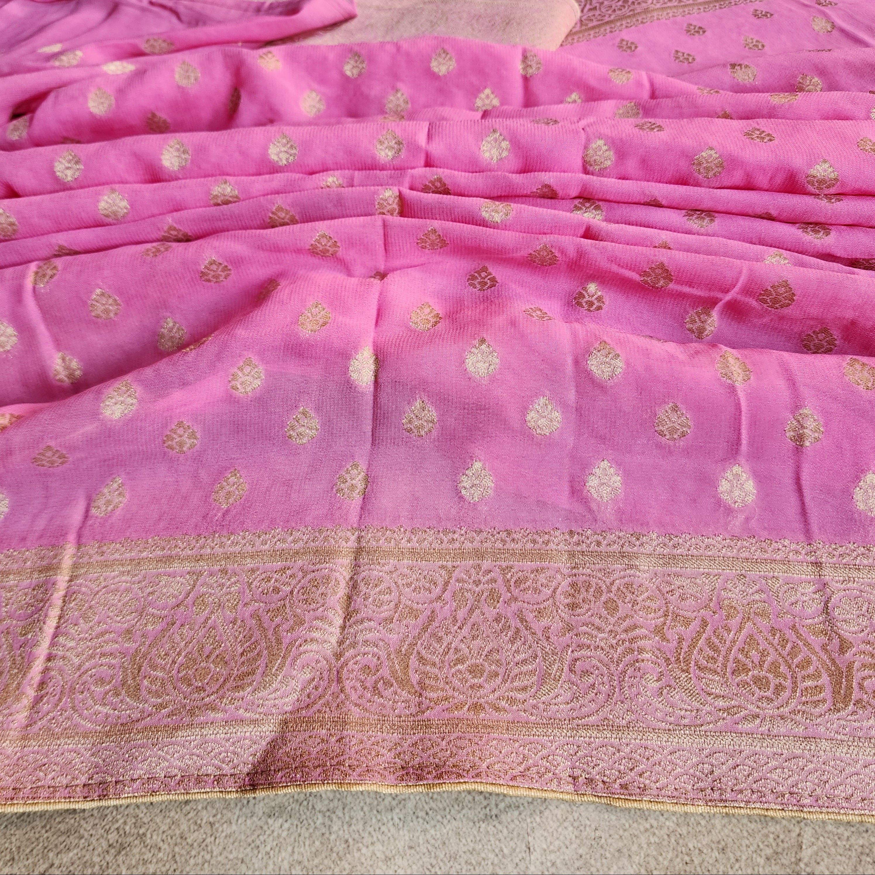 Light Pink Khaddi Georgette Pure Banarasi Saree with Golden Zari