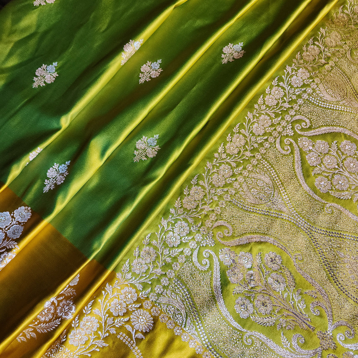 Dual-Tone Parrot Green & Yellow Pure Banarasi Katan Silk Saree