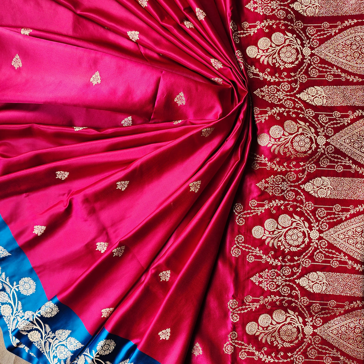 Rani Red Pure Banarasi Katan Silk Saree with Cobalt Blue Border