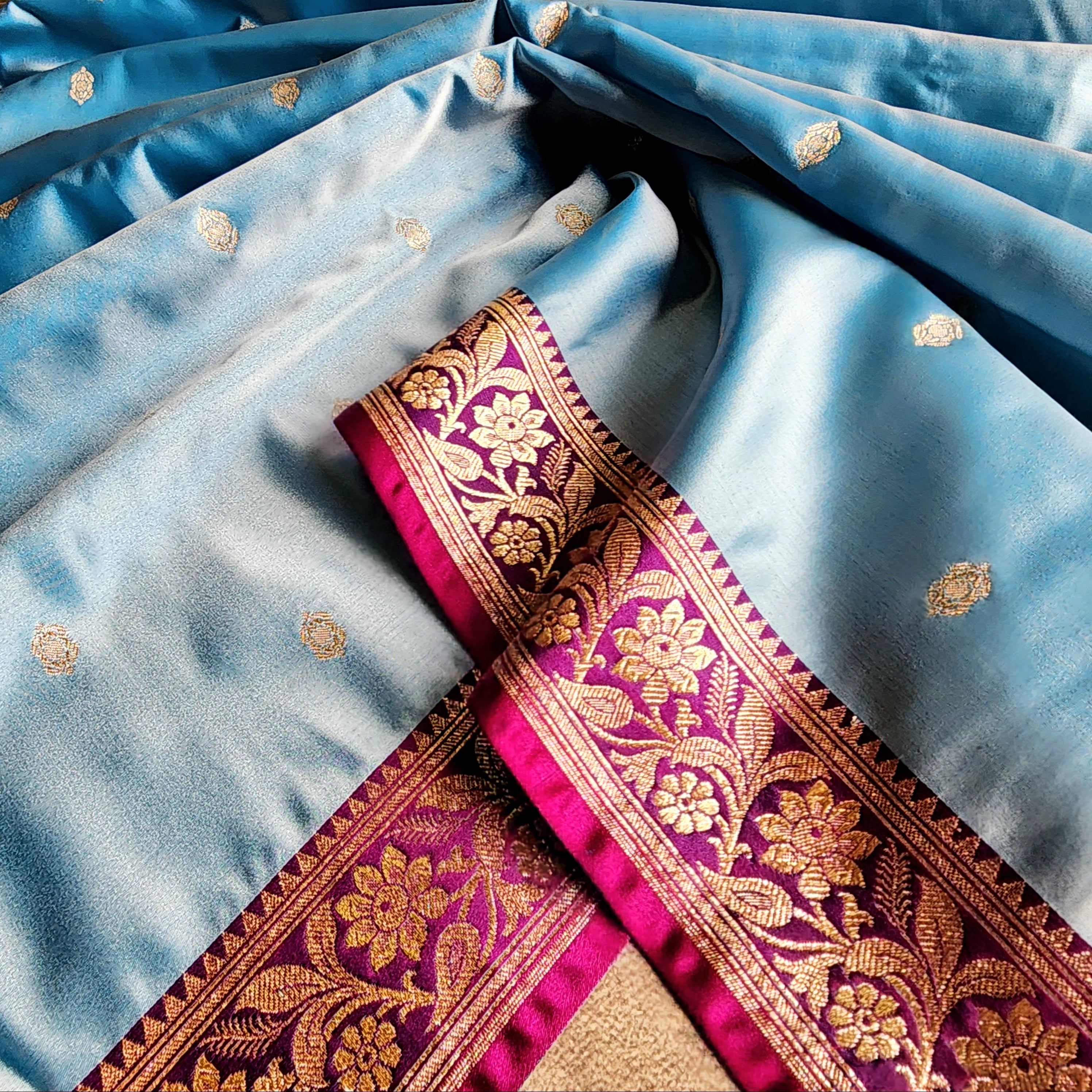 Teal Blue Katan Silk Saree with Purple and Gold Zari Border