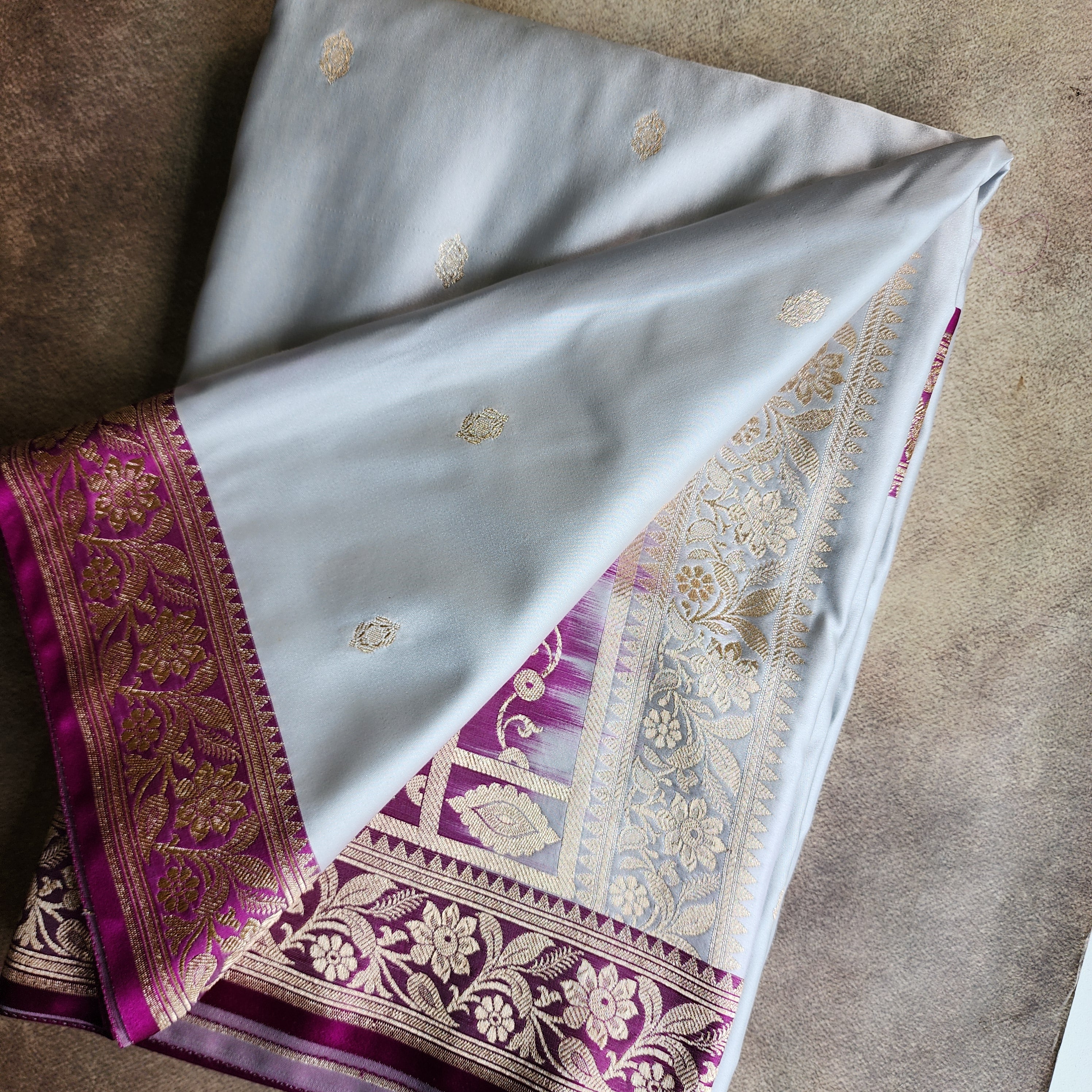 Powder Blue Katan Silk Saree with Purple and Gold Zari Border