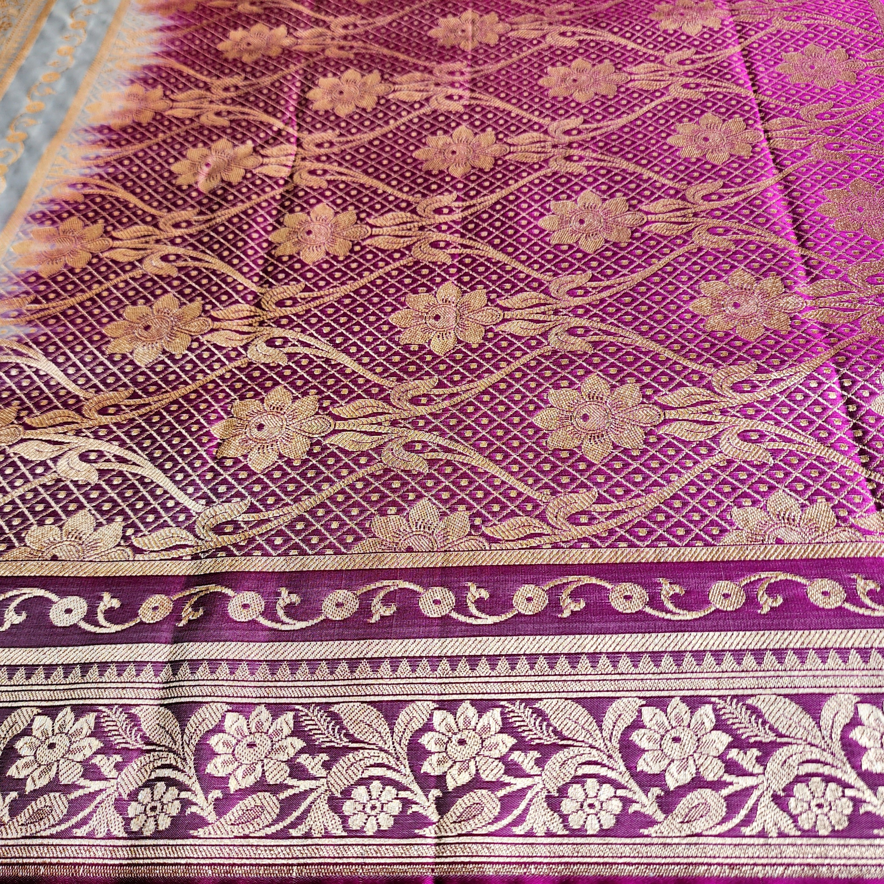 Powder Blue Katan Silk Saree with Purple and Gold Zari Border