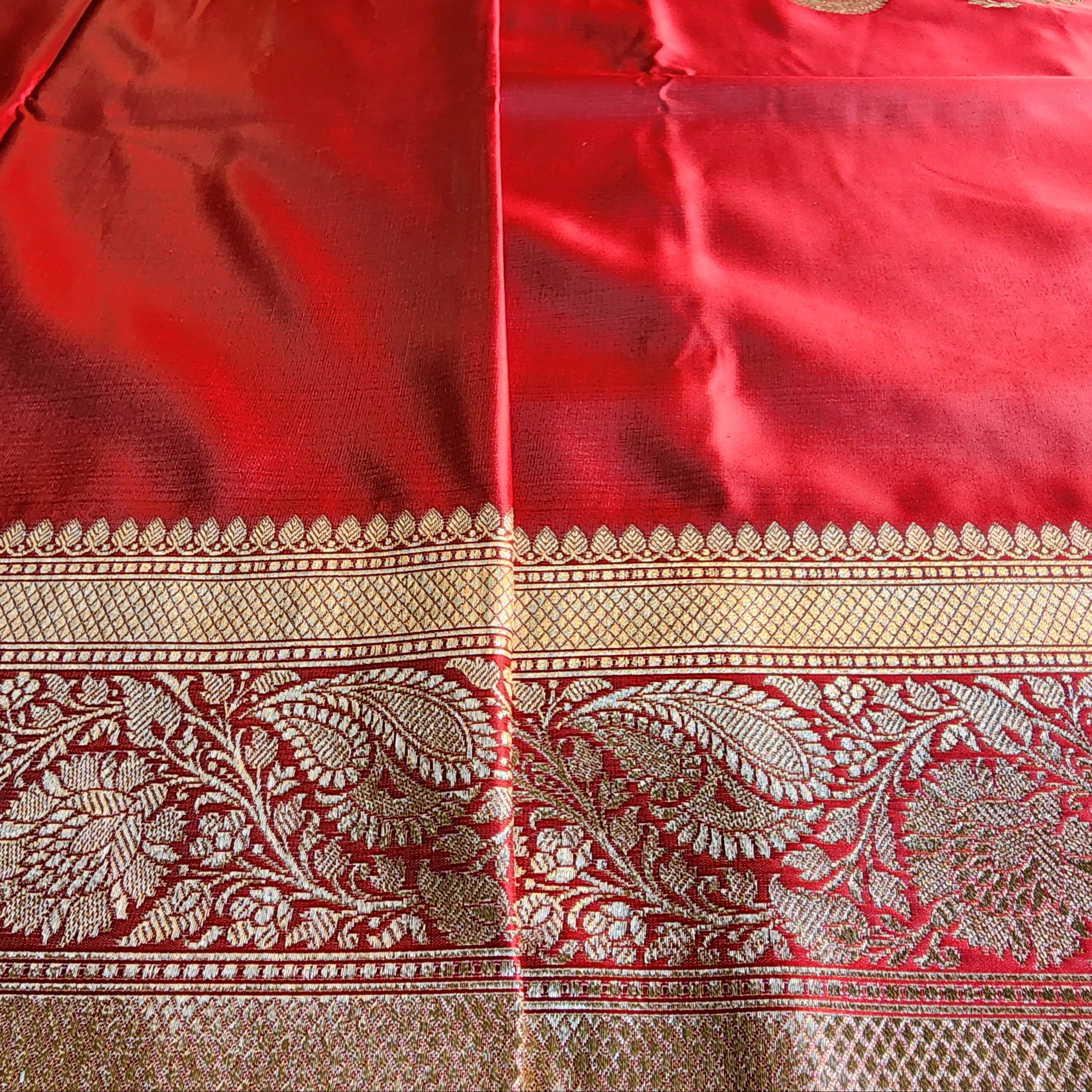 Rich Rose Pink Pure Banarasi Katan Silk Saree with light Gold Zari Weaving