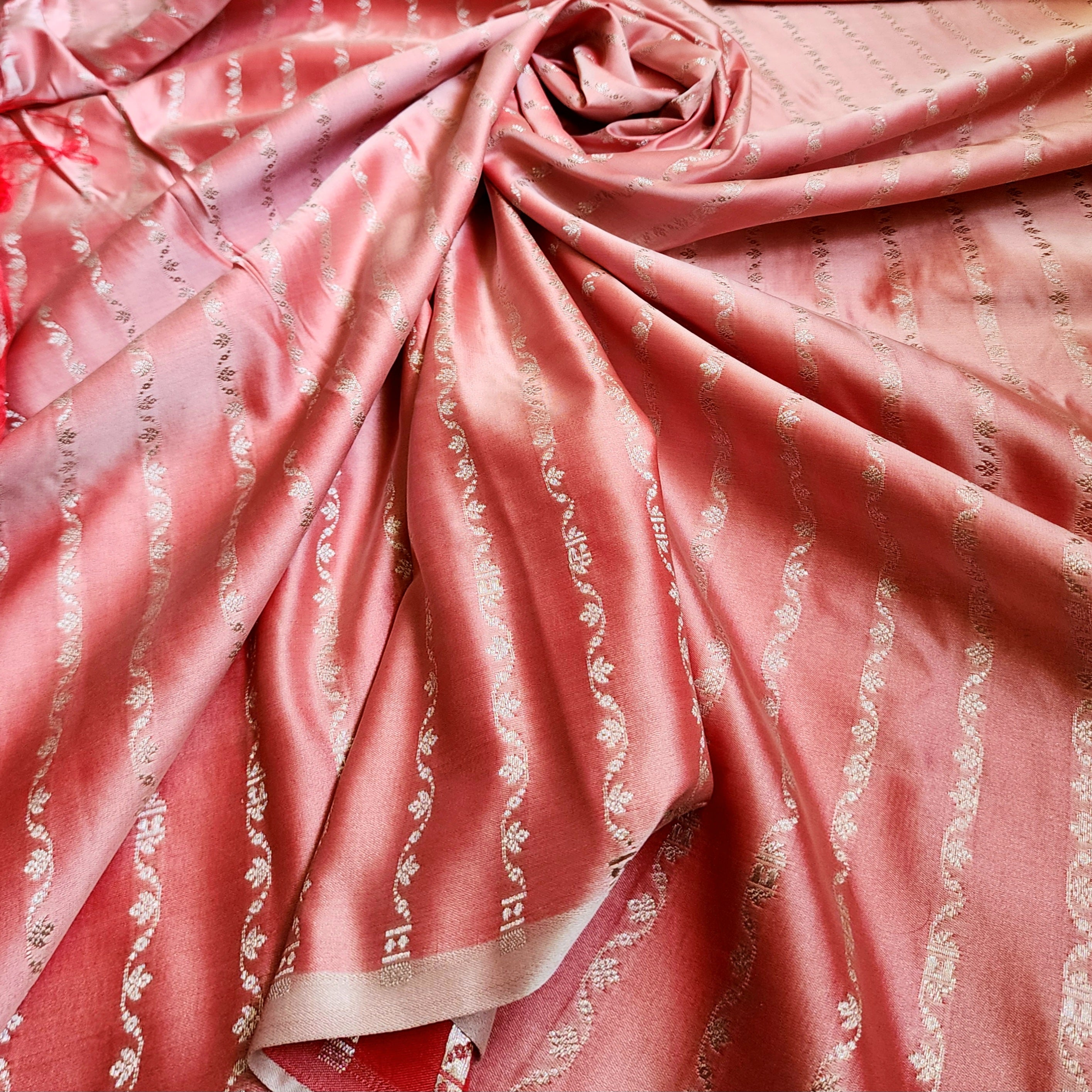 Blush Coral Banarasi Katan Silk Saree with Floral Vine Jaal