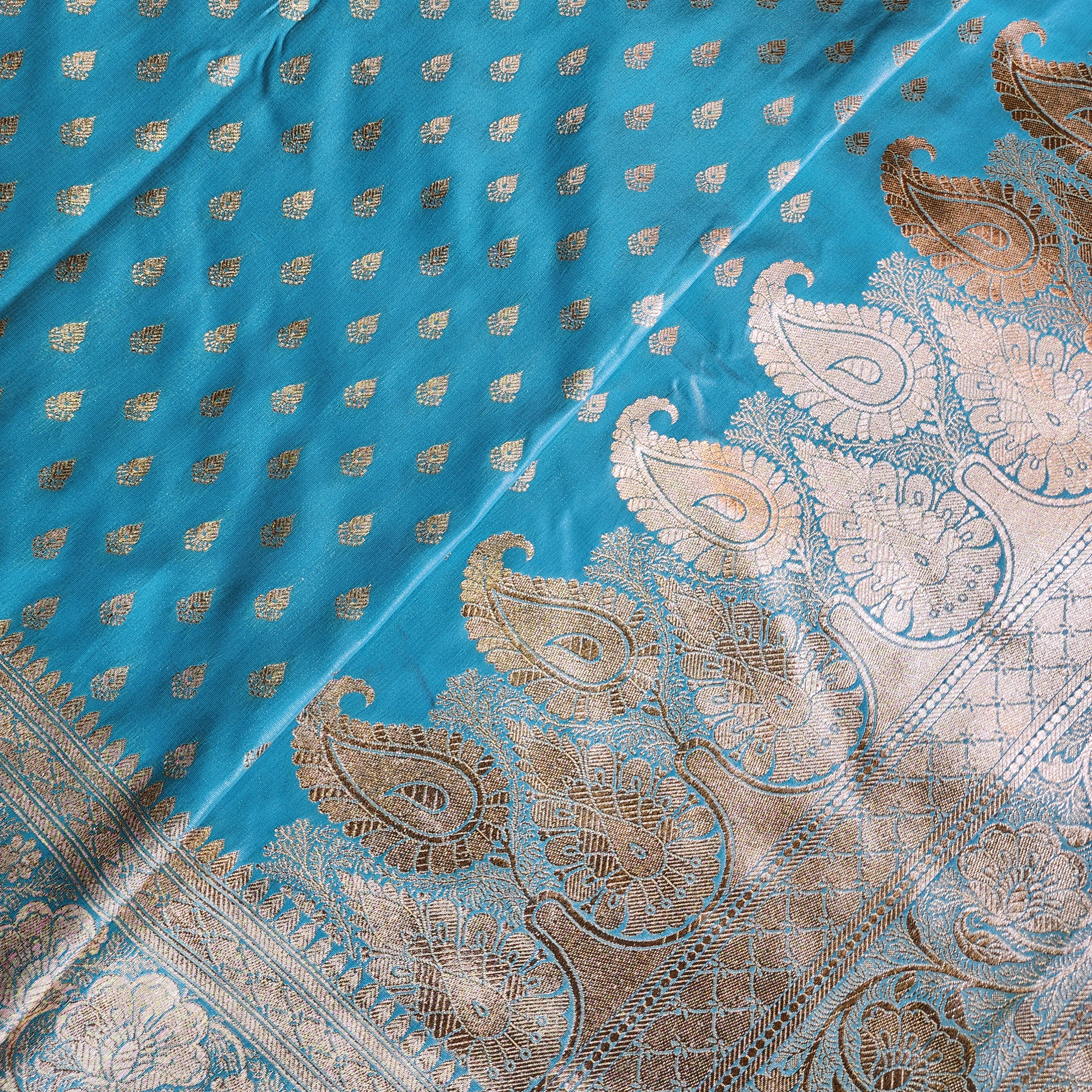 Rich Sky Blue Banarasi Silk Saree with Gold Zari Weaving