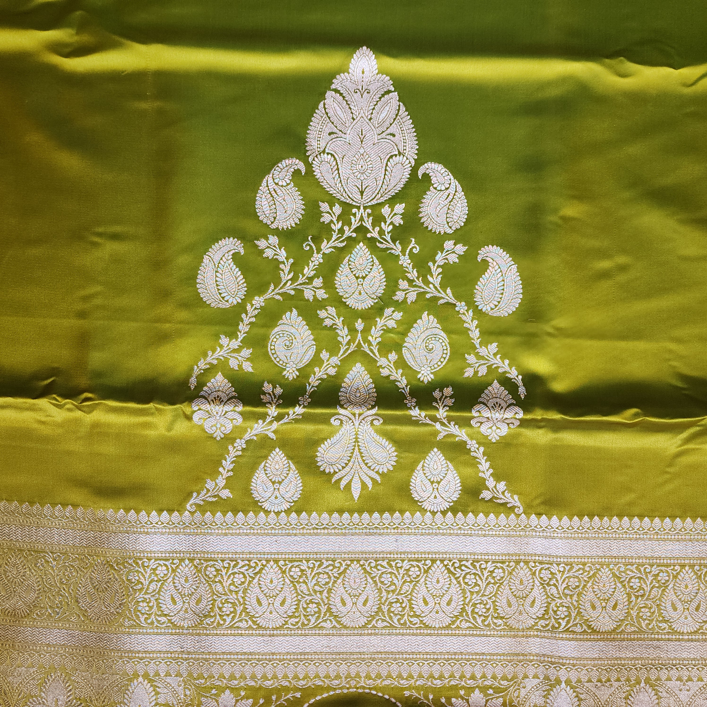 Olive Green Pure Banarasi Katan Silk Saree with light Gold Zari Weaving