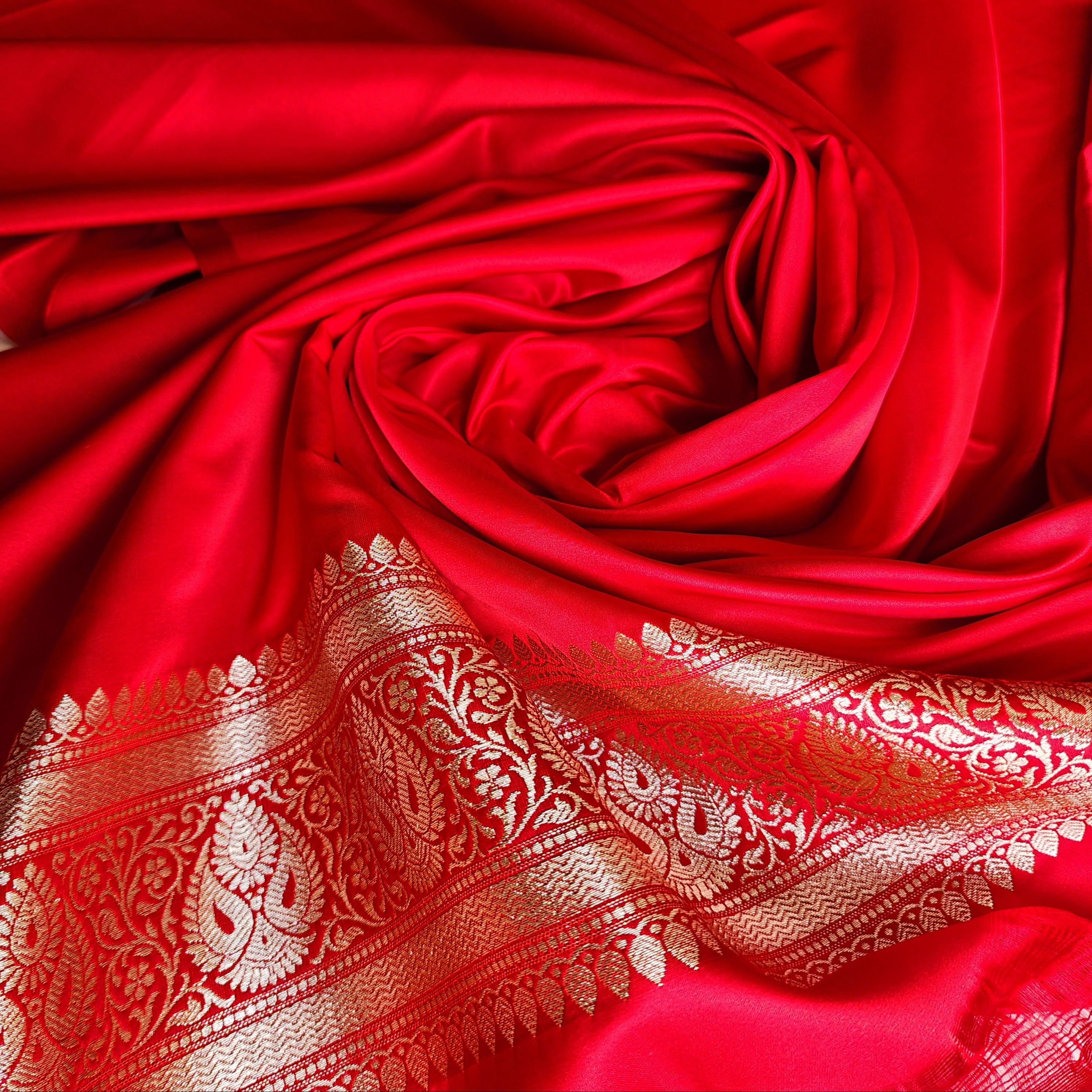 Rich Vermilion Red Pure Banarasi Katan Silk Saree with light Gold Zari Weaving