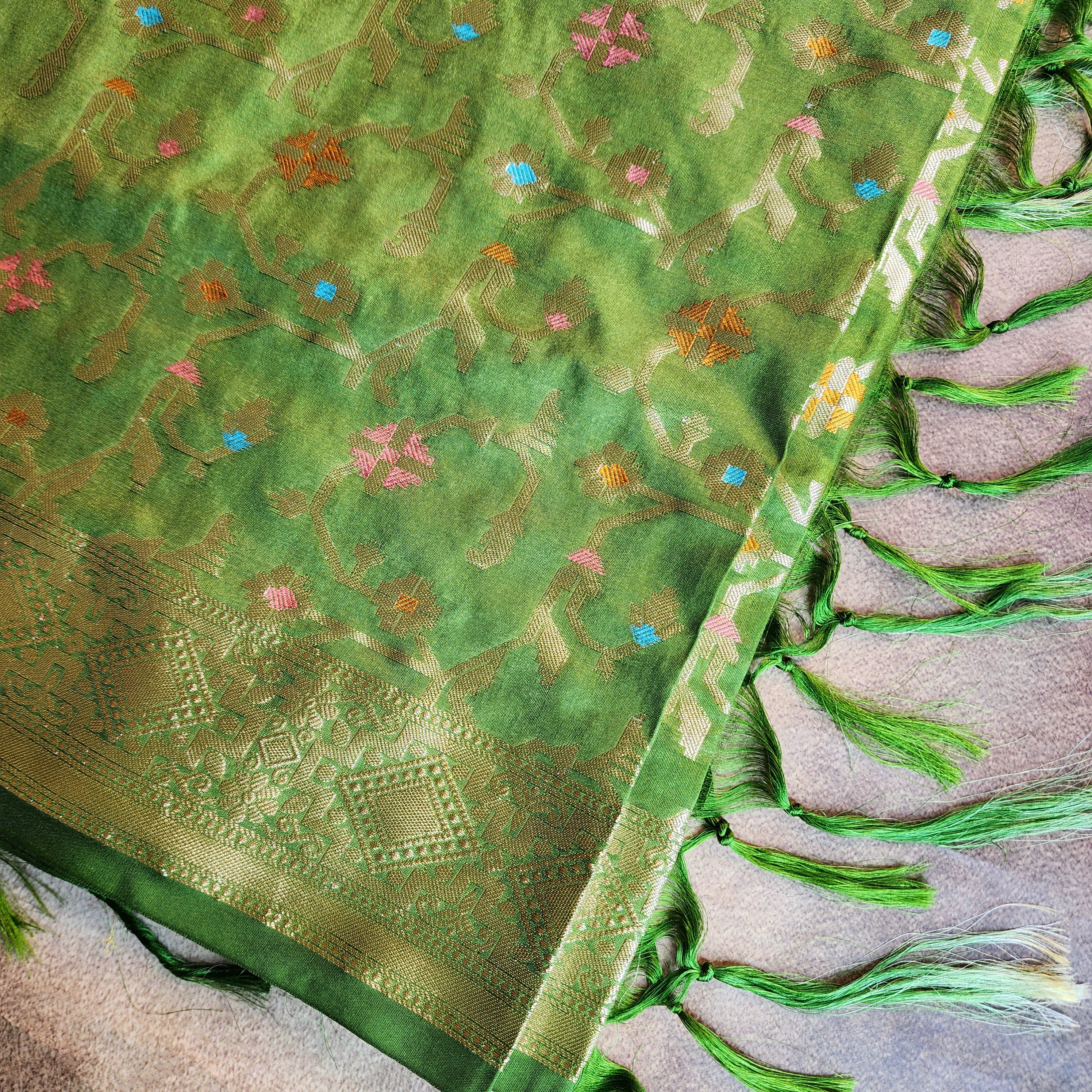 Golden Grid Banarasi Silk Dupatta with Meenakari Work in Mehendi Green