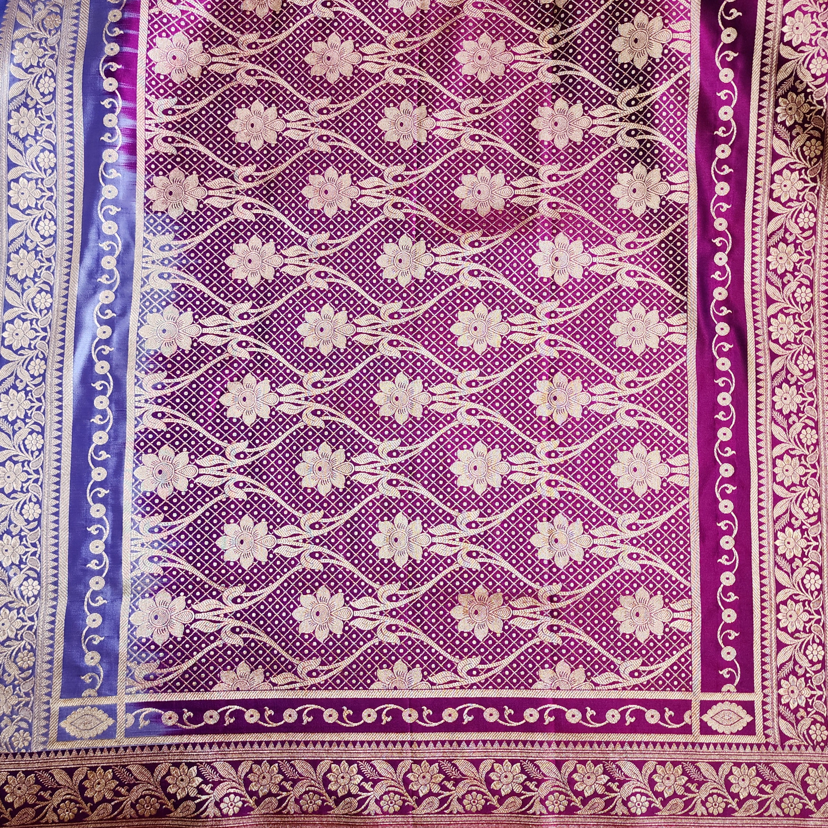 Periwinkle Katan Silk Saree with Magenta and Gold Zari Border