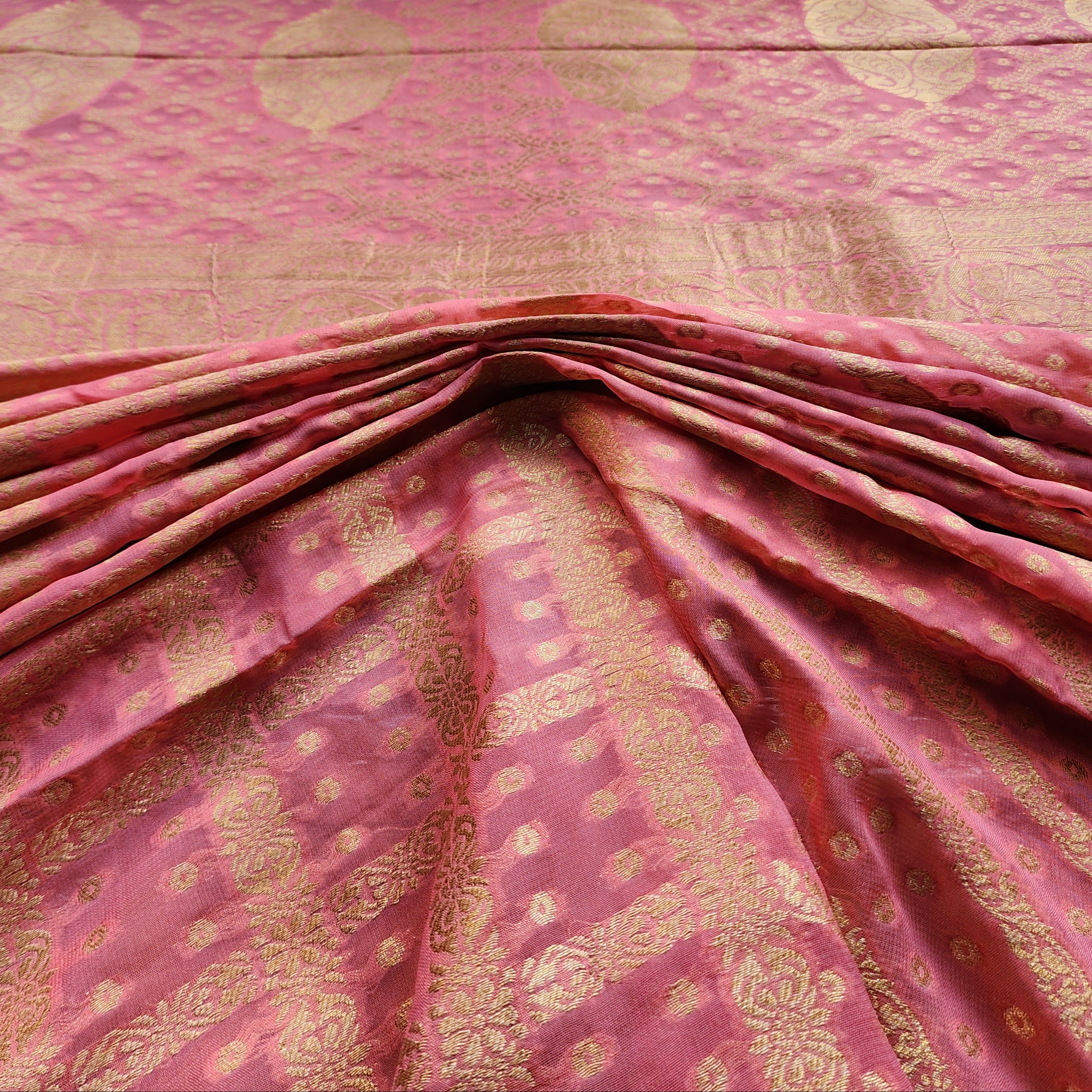 Flamingo Pink Pure Khaddi Georgette Banarasi Saree with Golden Zari