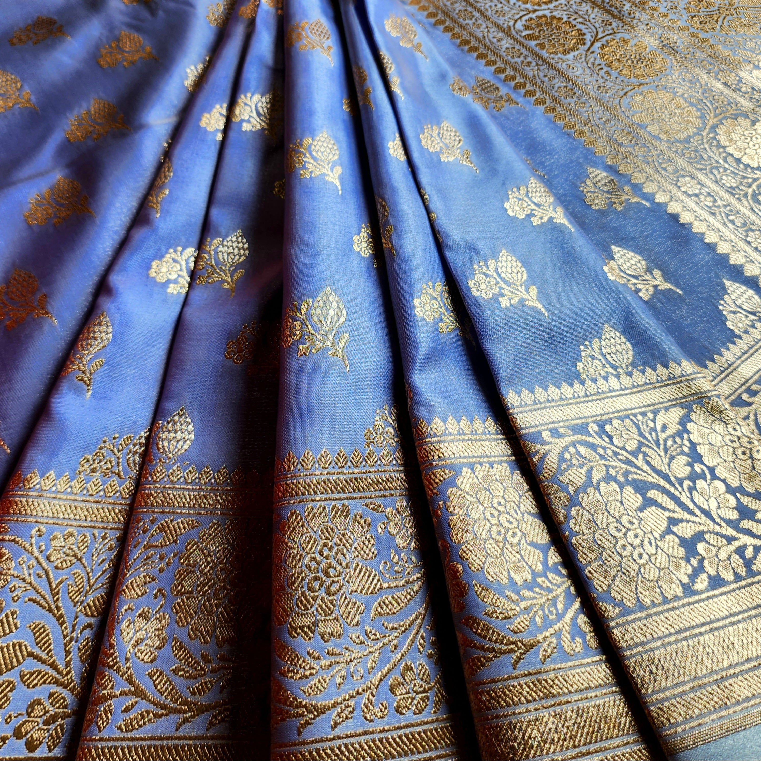 Rich Periwinkle Blue Banarasi Silk Saree with Gold Zari Weaving