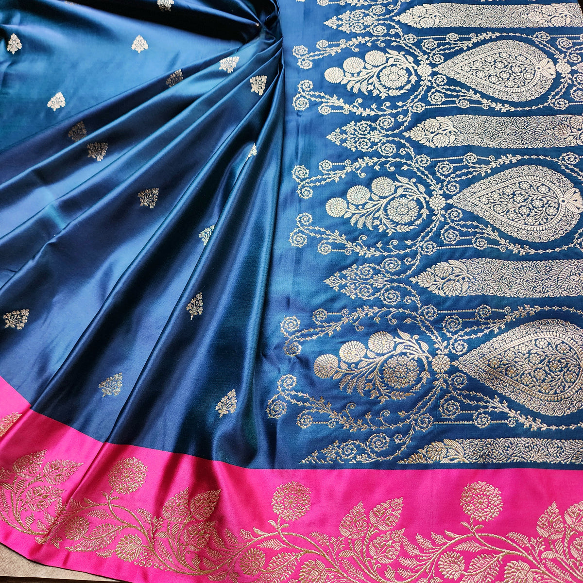 Midnight Blue Pure Banarasi Katan Silk Saree with Rani Pink Border