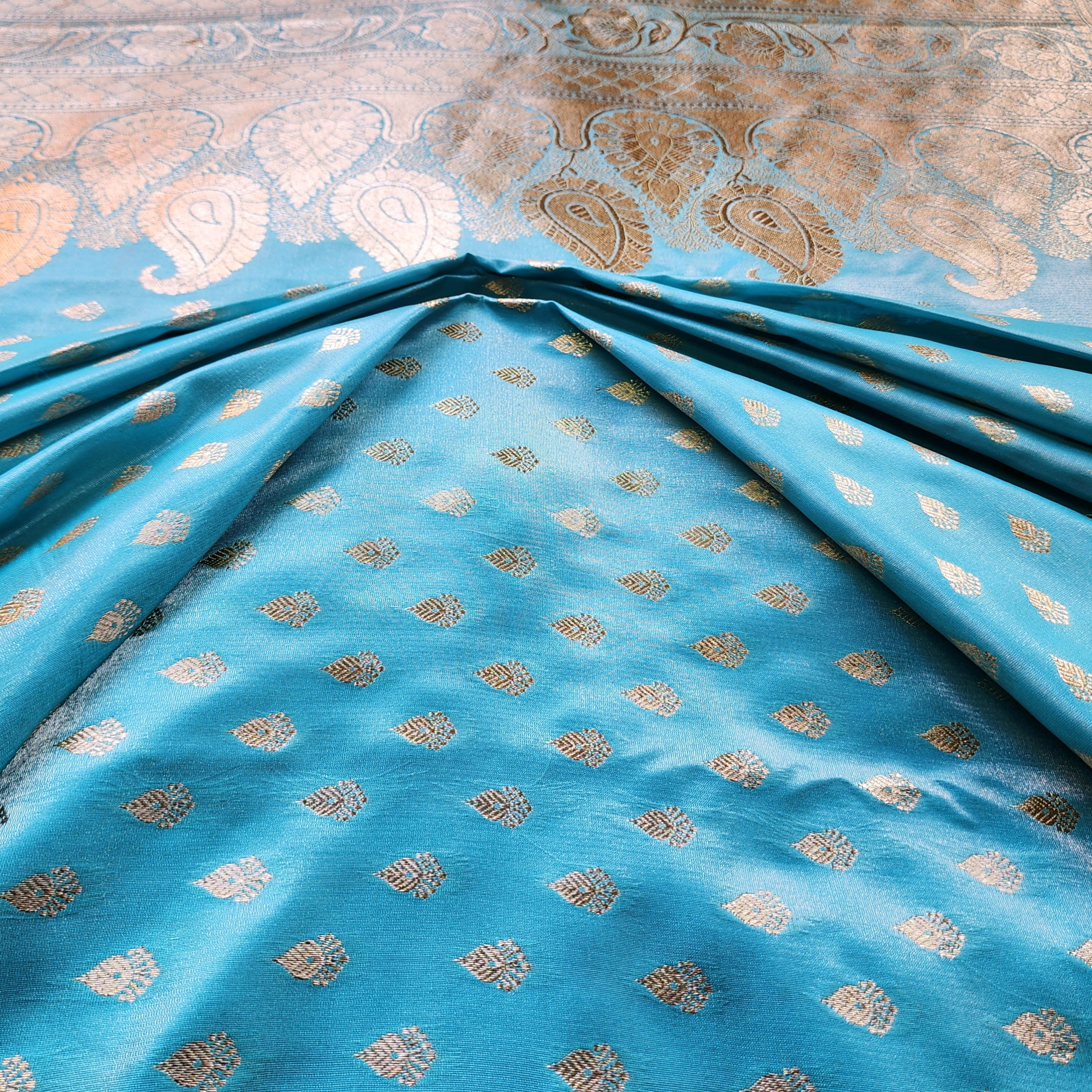 Rich Sky Blue Banarasi Silk Saree with Gold Zari Weaving