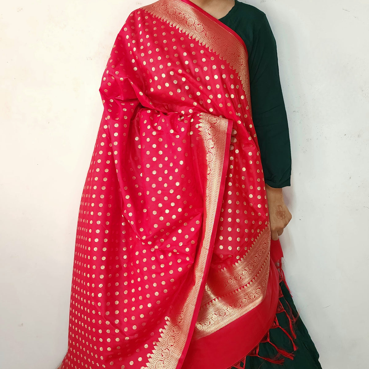 Classic Red Banarasi Silk Dupatta with Gold Polka Dot