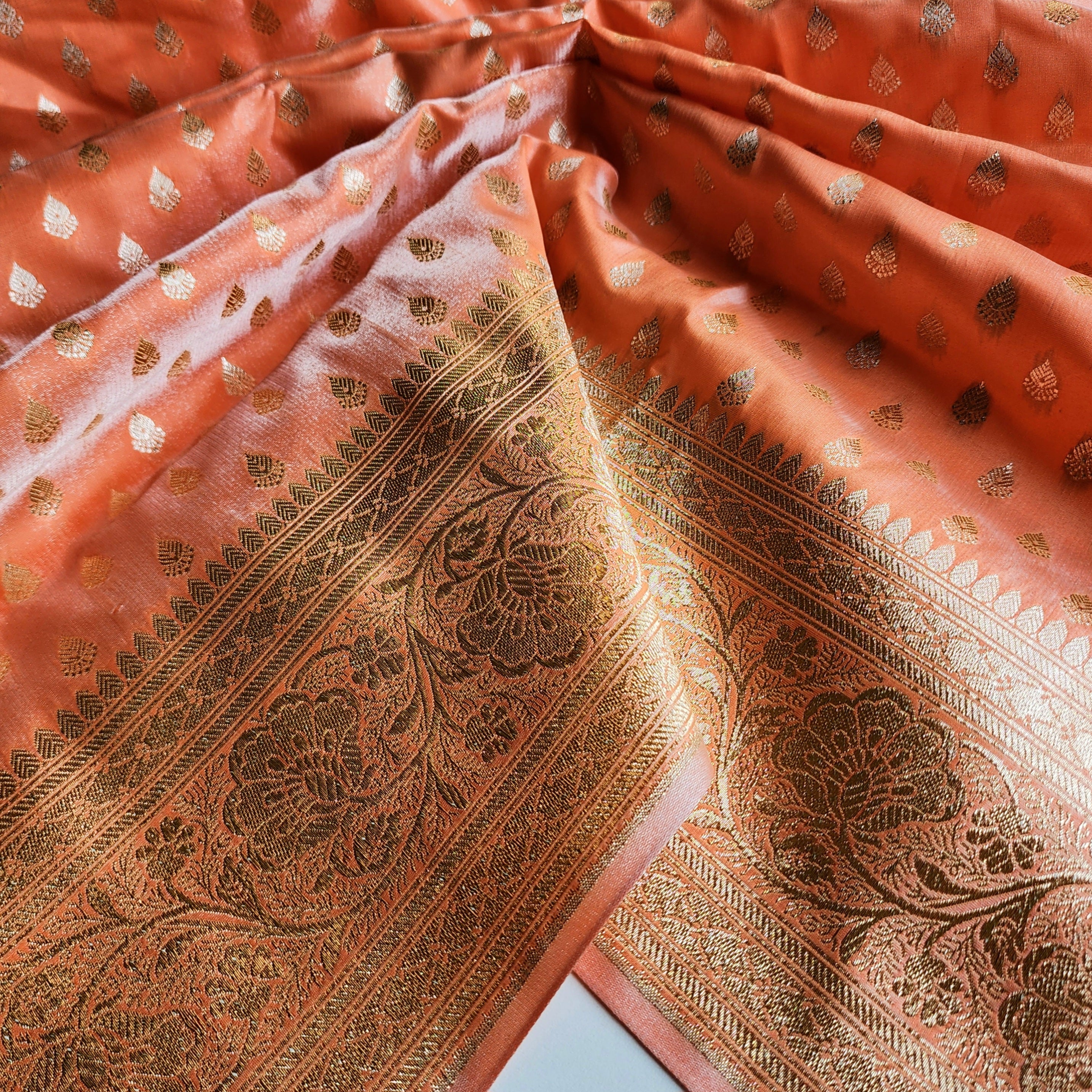Rich Burnt Orange Banarasi Silk Saree with Gold Zari Weaving