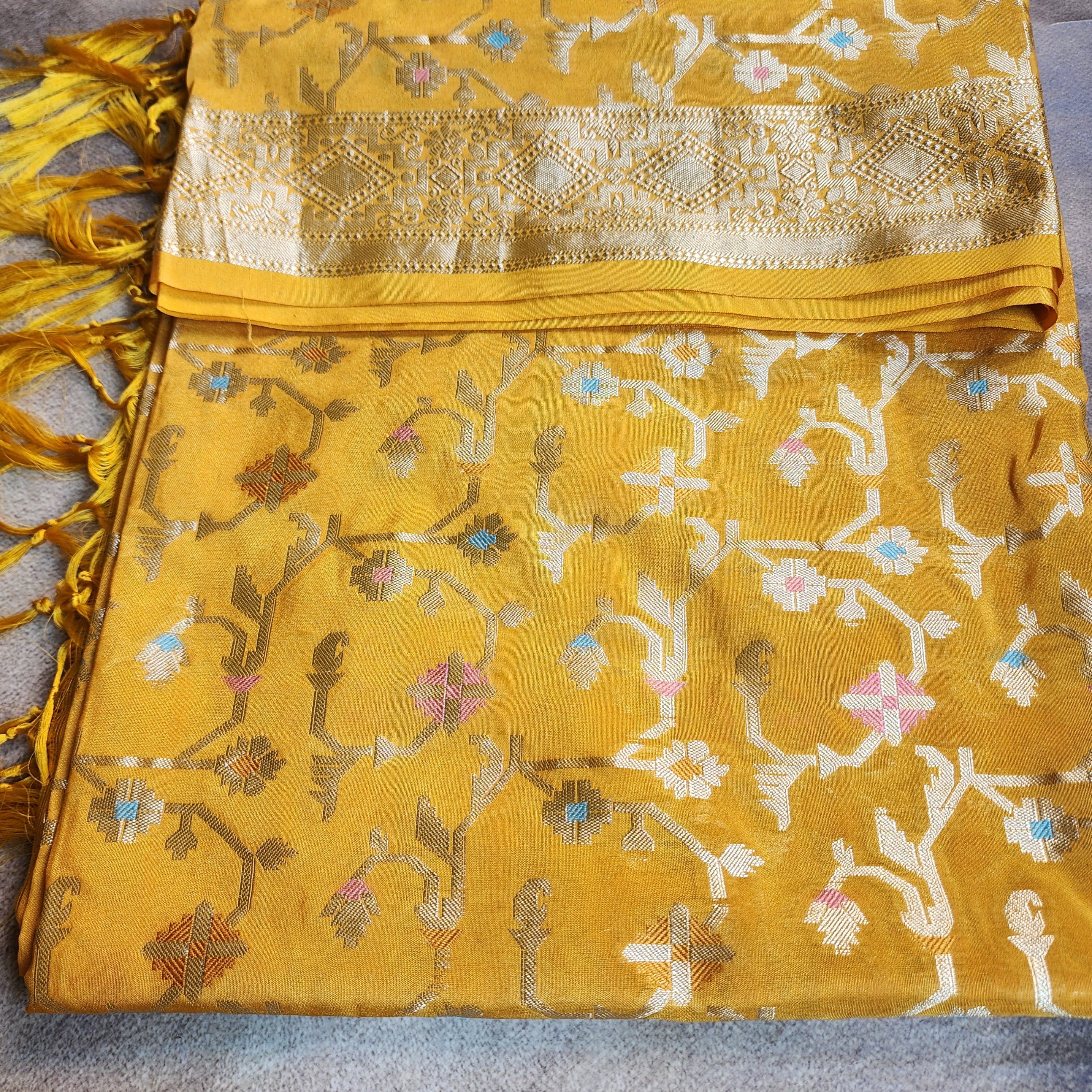 Golden Grid Banarasi Silk Dupatta with Meenakari Work in Mustard Yellow