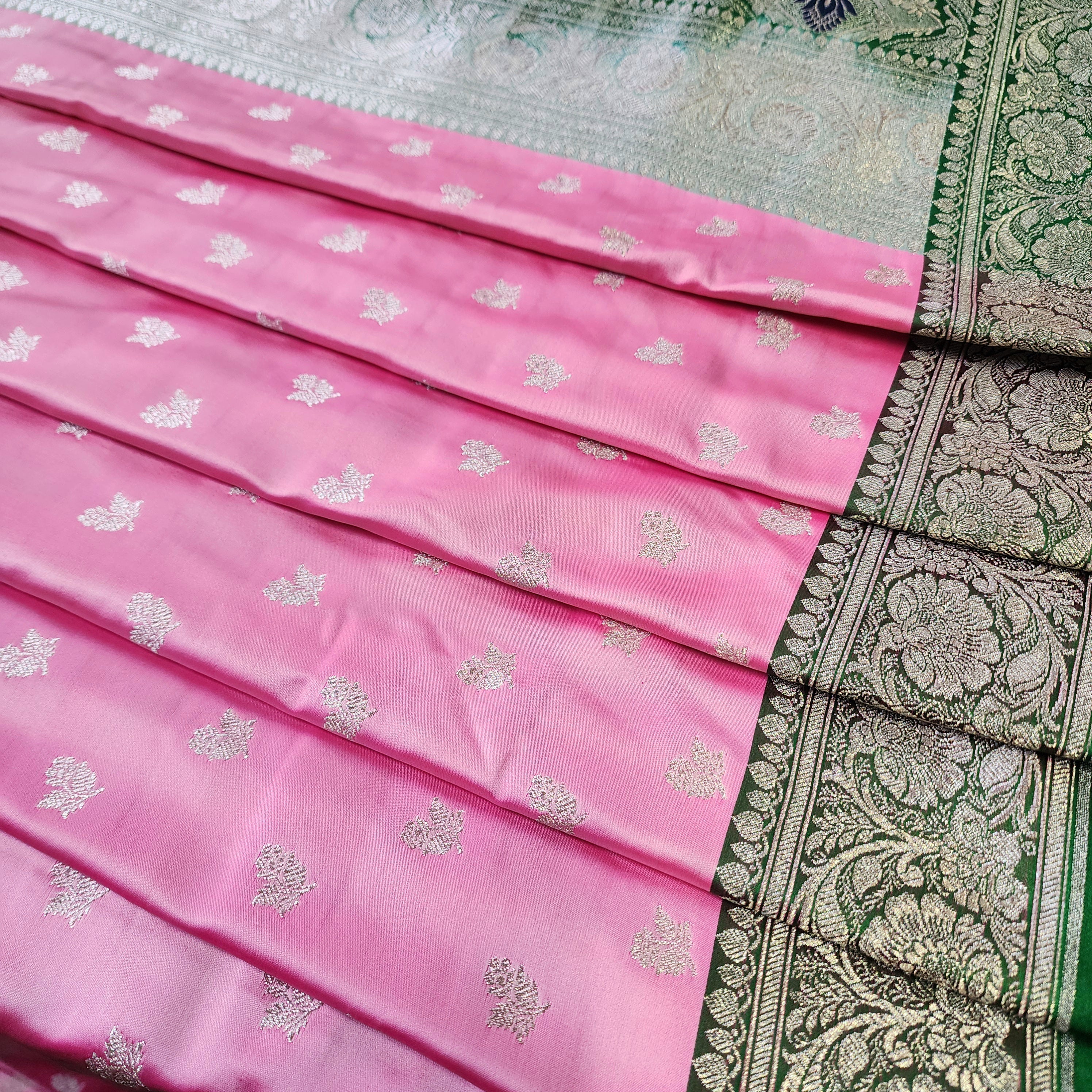 Rose Pink Pure Banarasi Katan Silk Saree with light Gold Zari Weaving