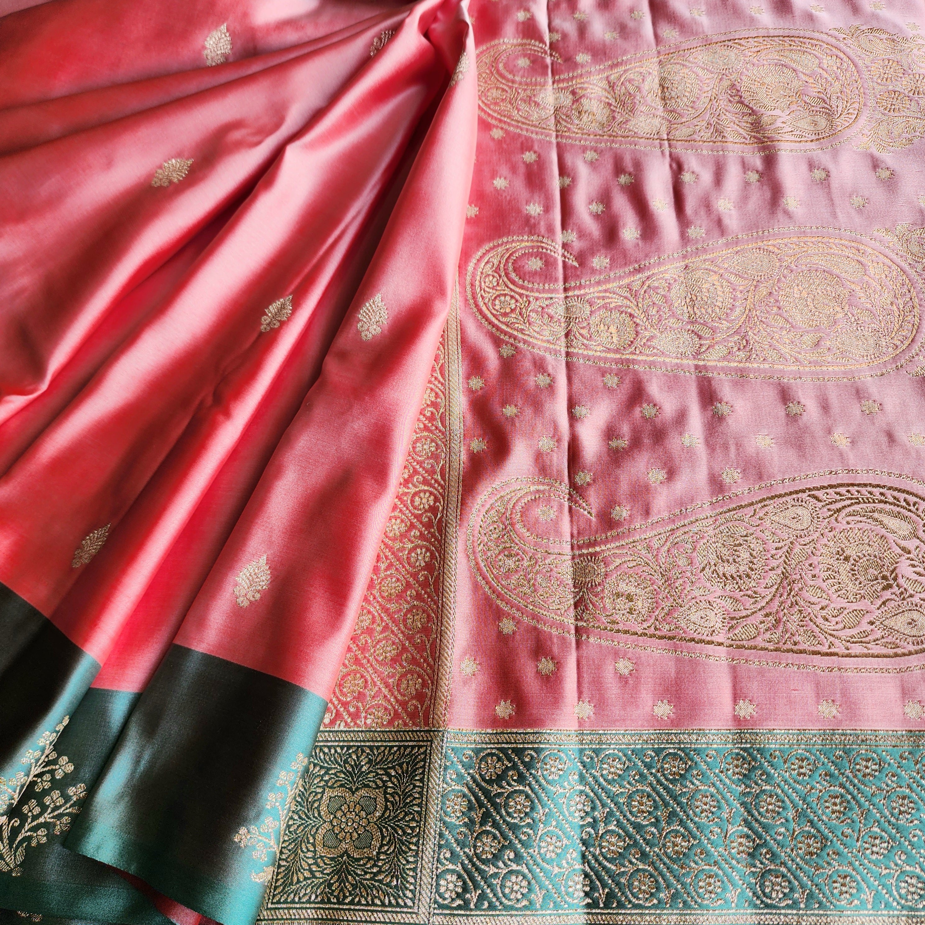 Rose Pink Katan Silk Saree with Teal Blue Gold Zari Border