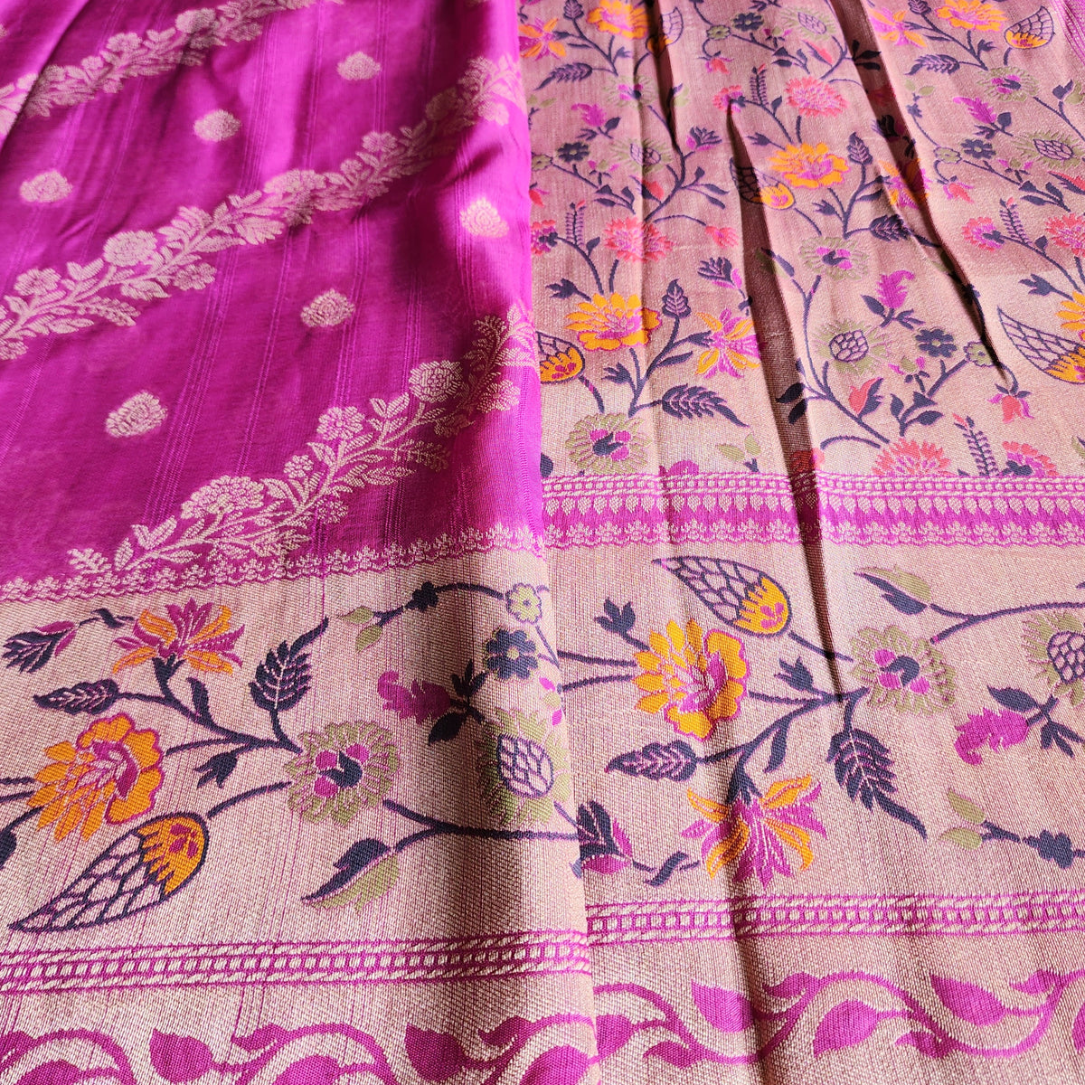 Soft Lavender Orchid Raw Silk Saree with Pastel Floral Weaving and Ivory Border