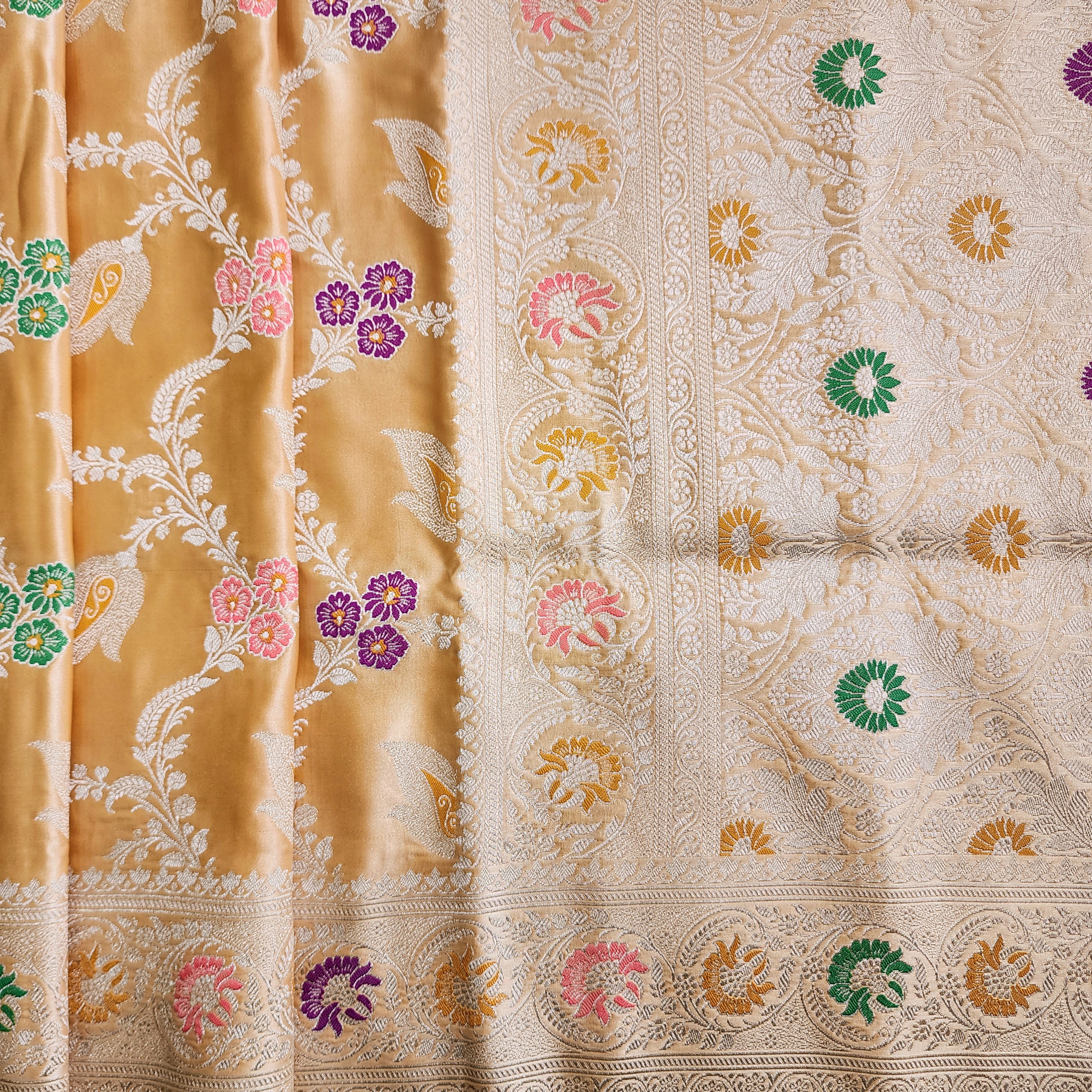 Enriched Dark Orange Banarasi Katan Silk Saree with Multicolor Meenakari Floral Jaal