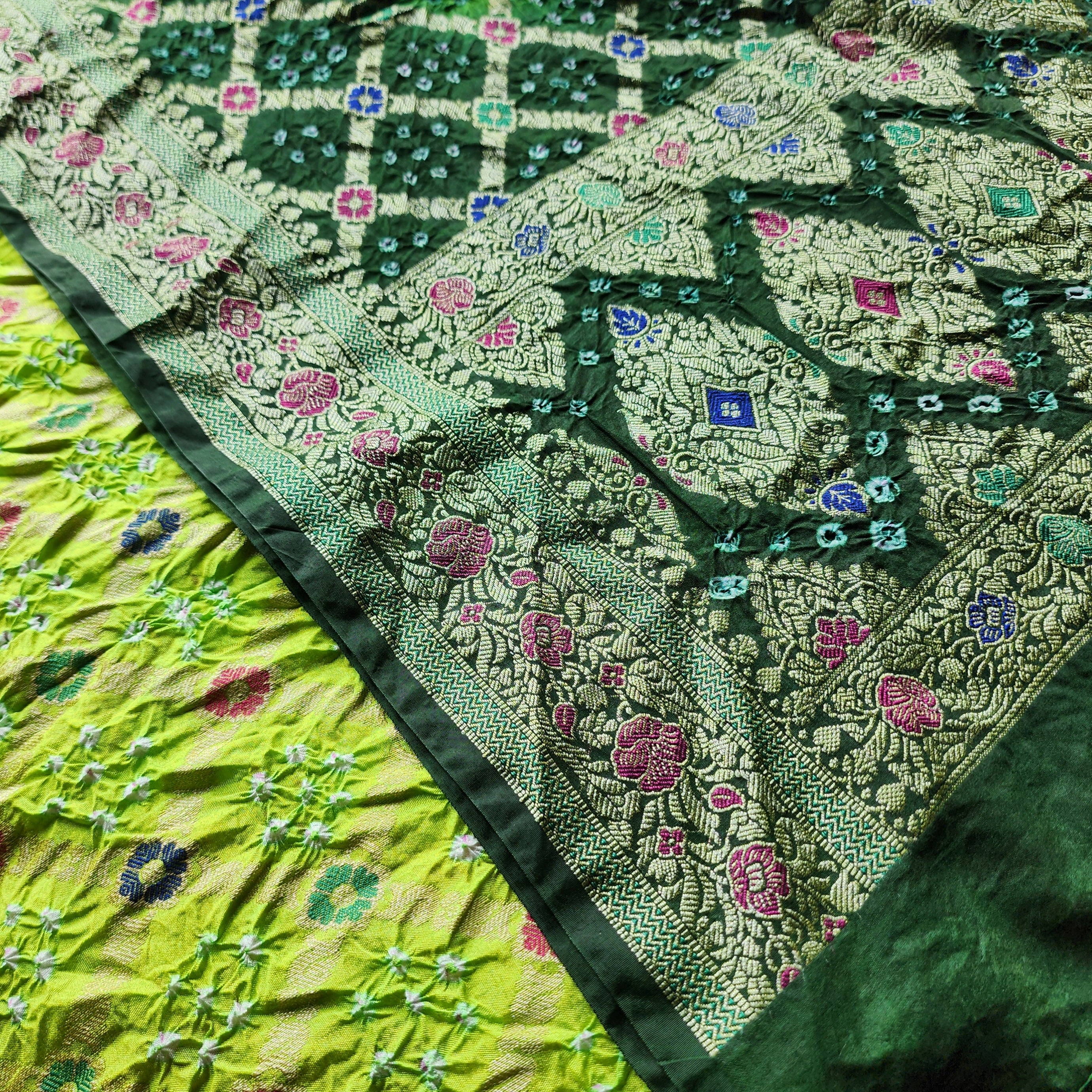 Dual-Tone Green Bandhni Dupatta with Golden Border & Banarasi Meenakari Work
