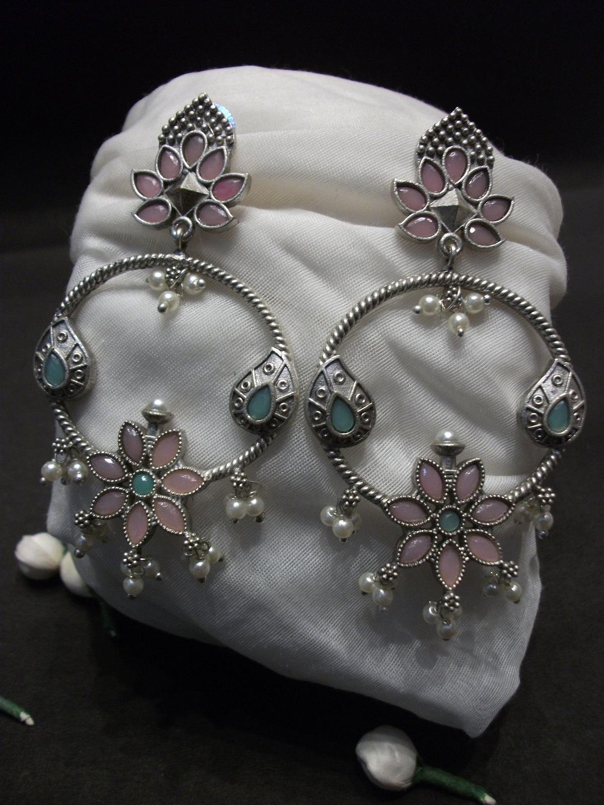Antique Pastel Pink and Mint Flower Motif Chandbali Hoops