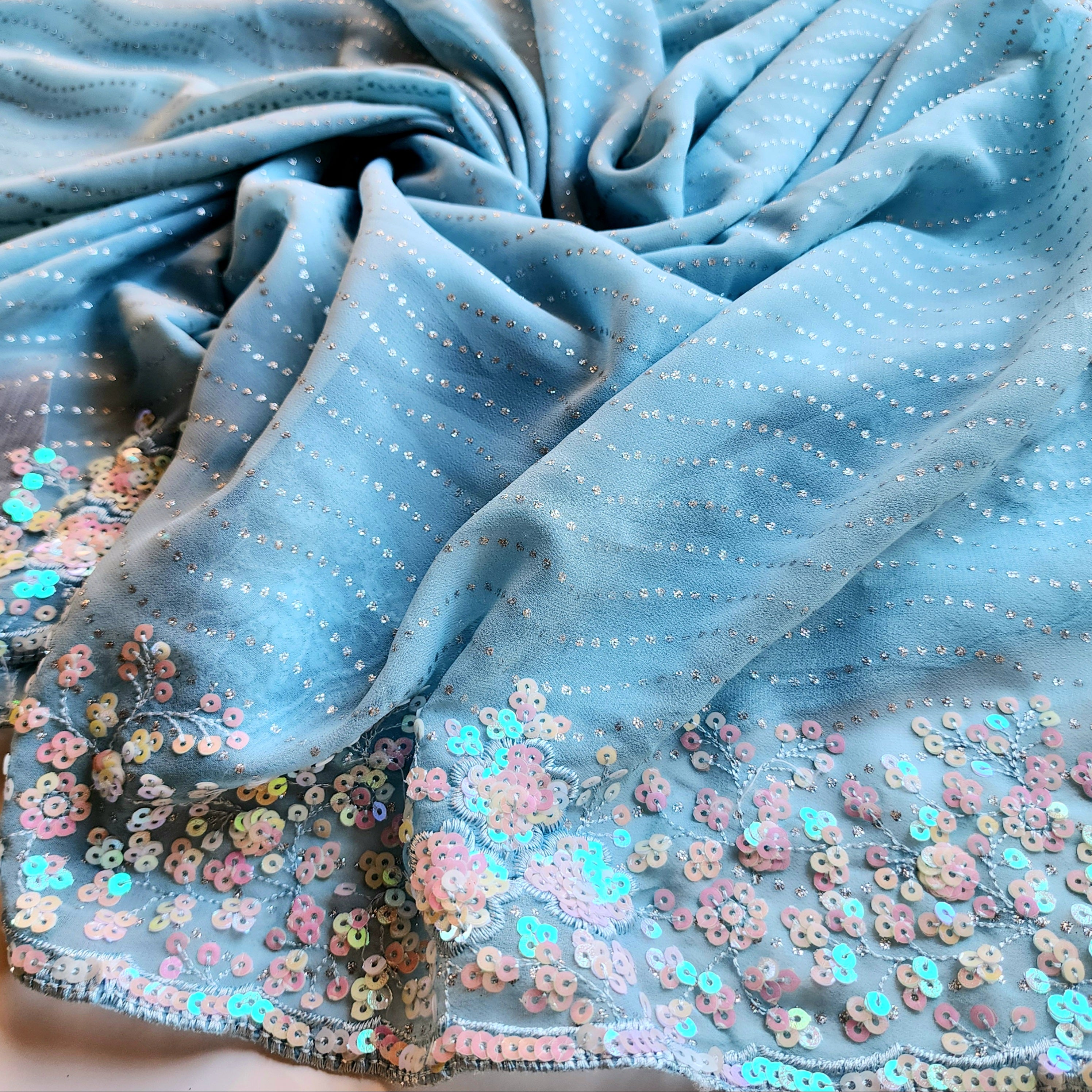 Soft Blue Designer Chiffon Silk Saree