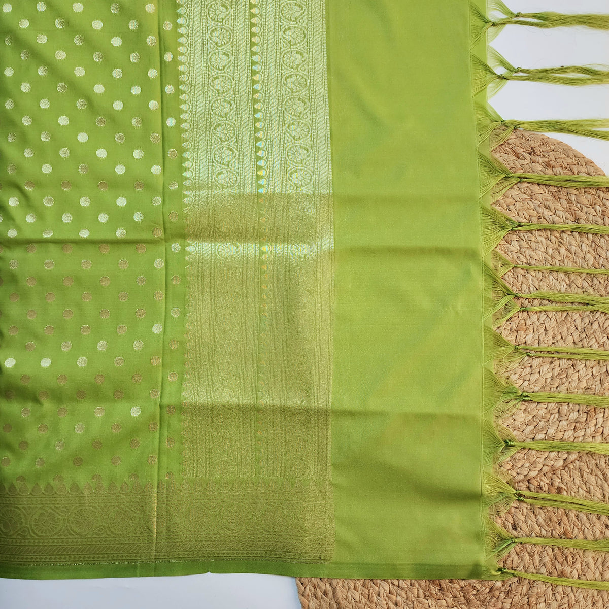 Lime Green Banarasi Silk Dupatta with Gold Polka Dot