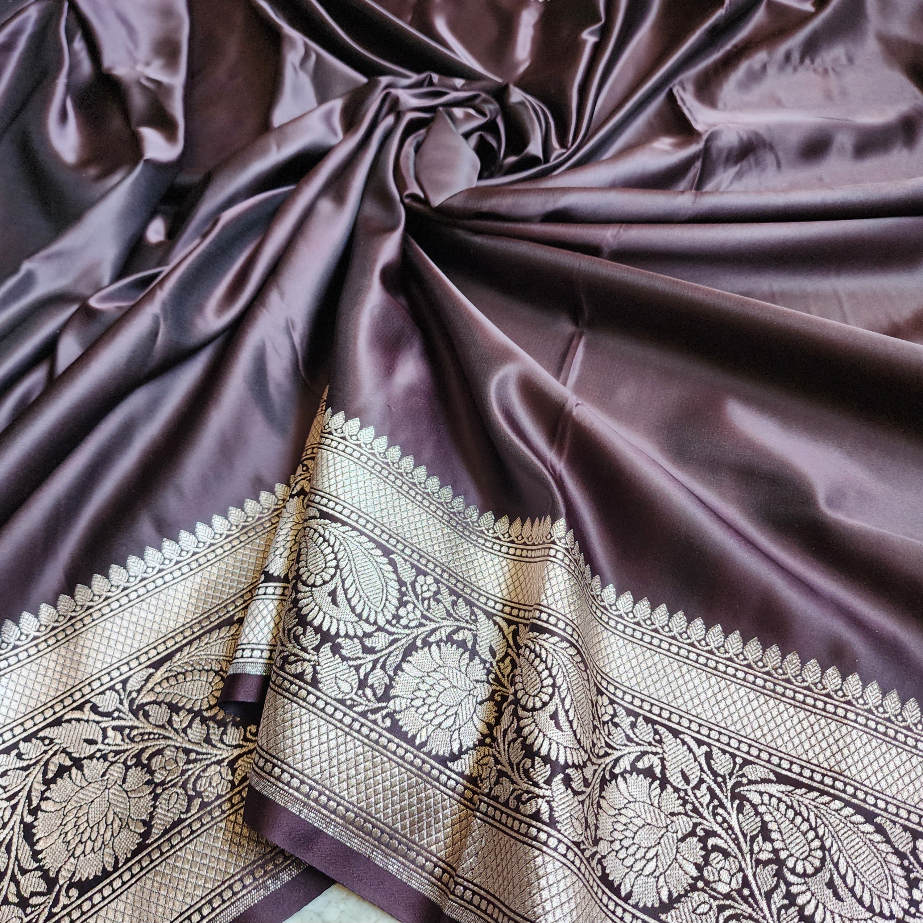 Mulberry Wine Pure Banarasi Katan Silk Saree with light Gold Zari Weaving