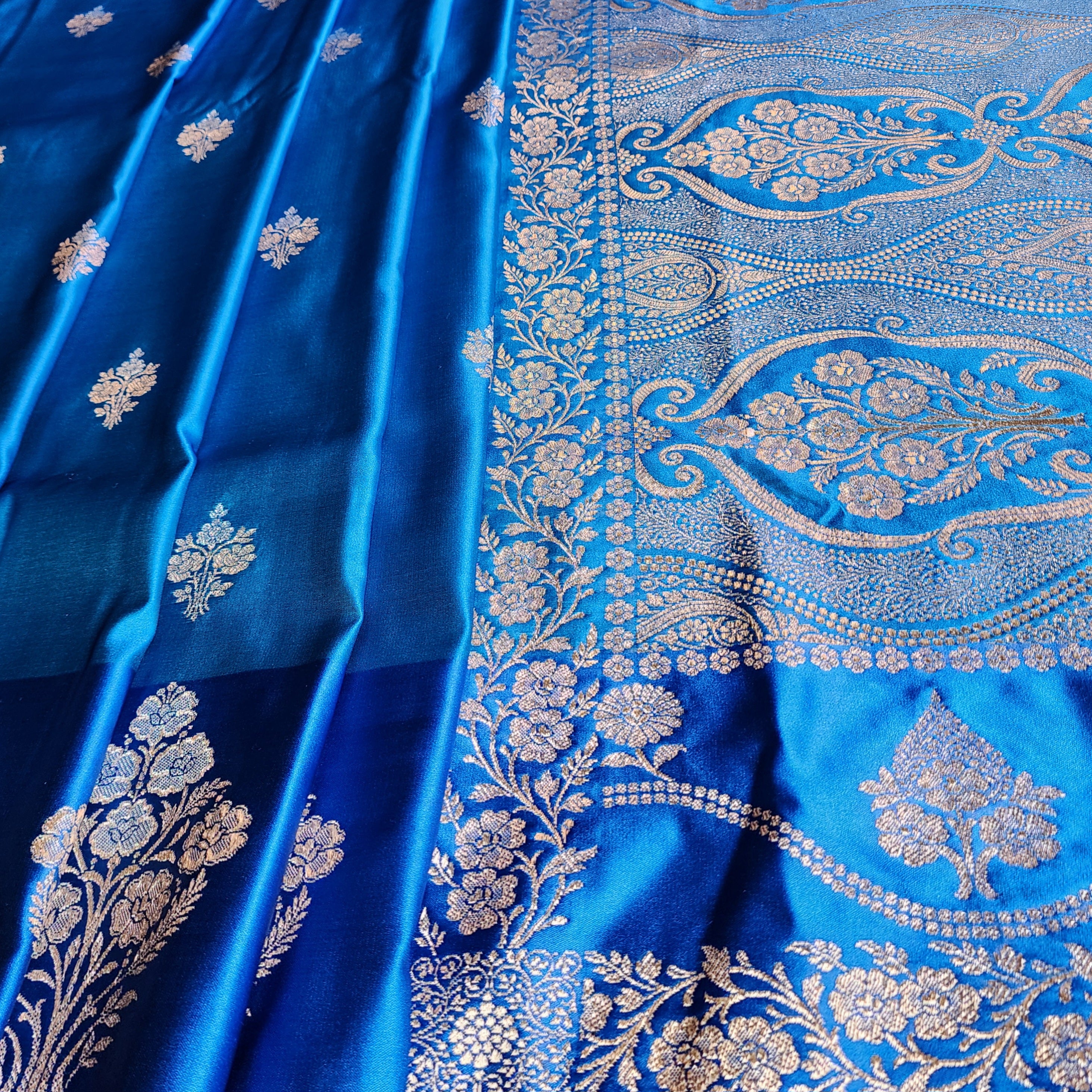 Dual-Tone Shiny Blue Pure Banarasi Katan Silk Saree