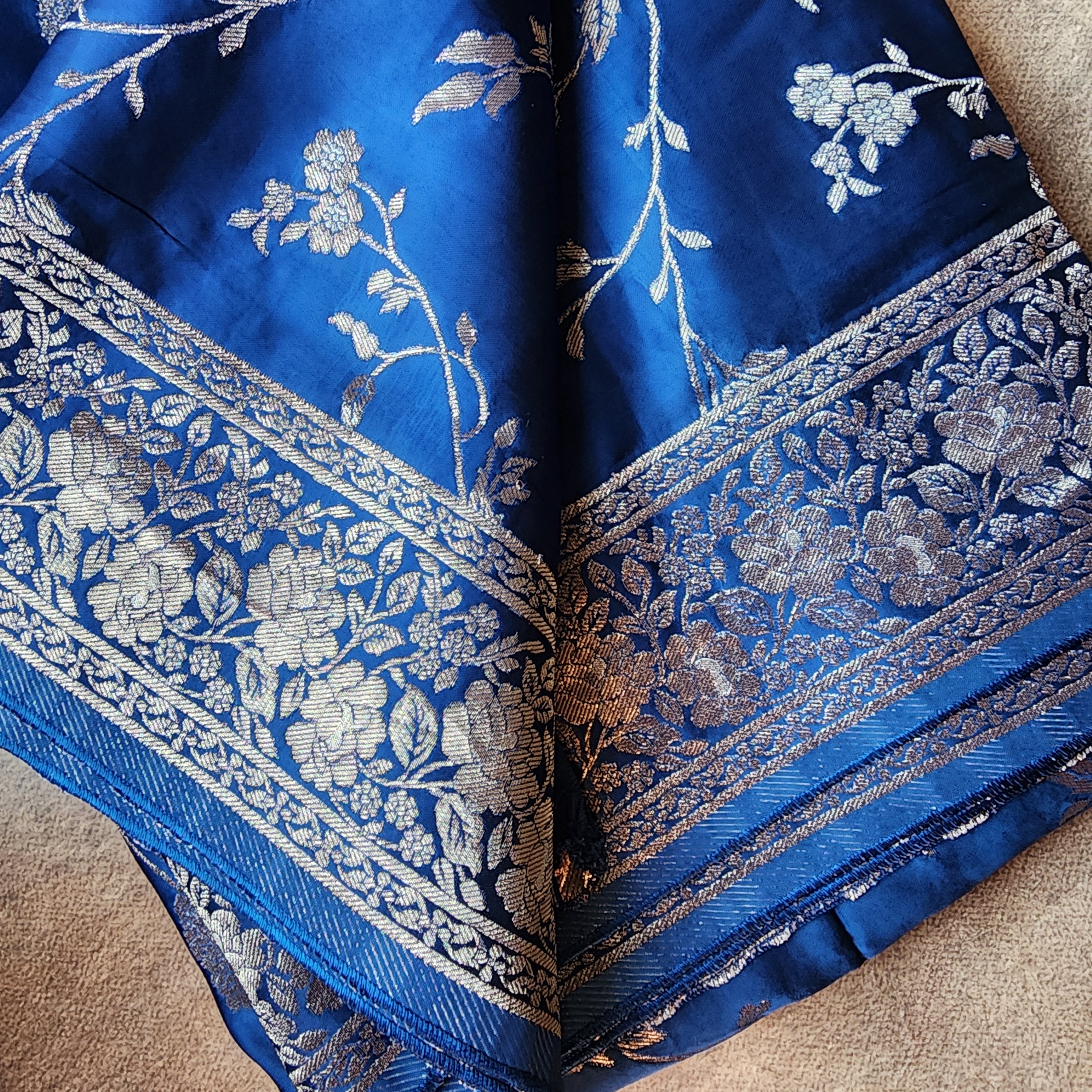 Royal Blue Muslin Silk Saree with Silver Zari Work