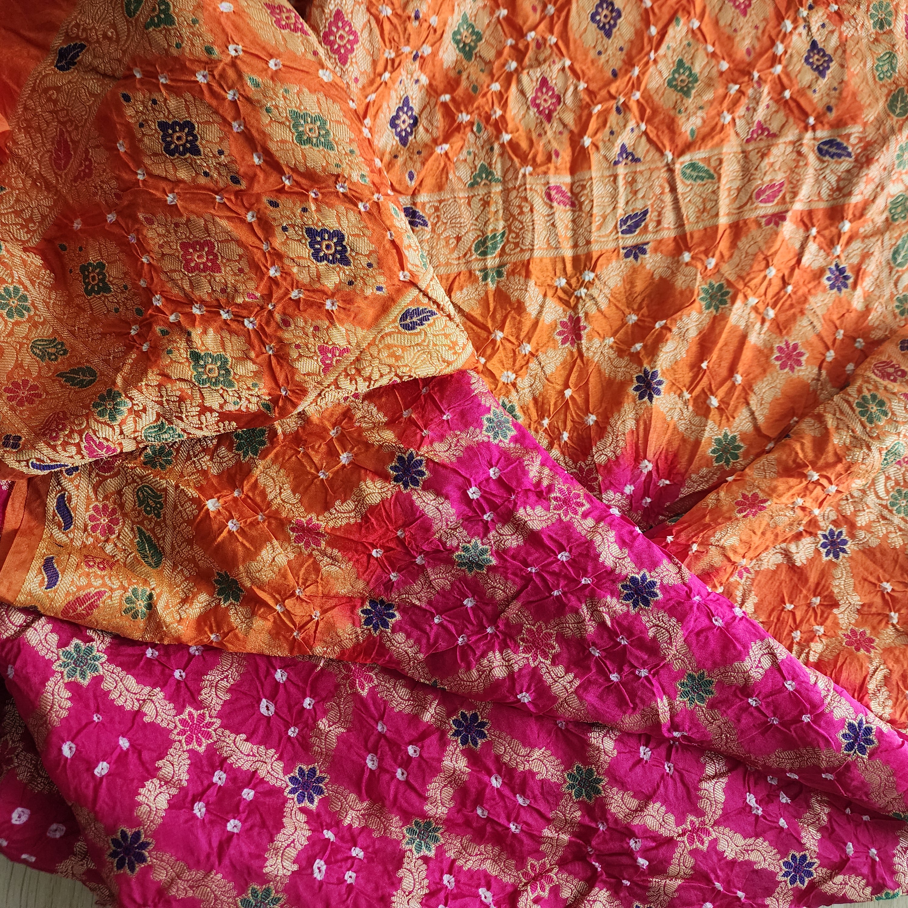 Orange & Rani Pink Bandhni dupatta with Banarasi Meenakari work