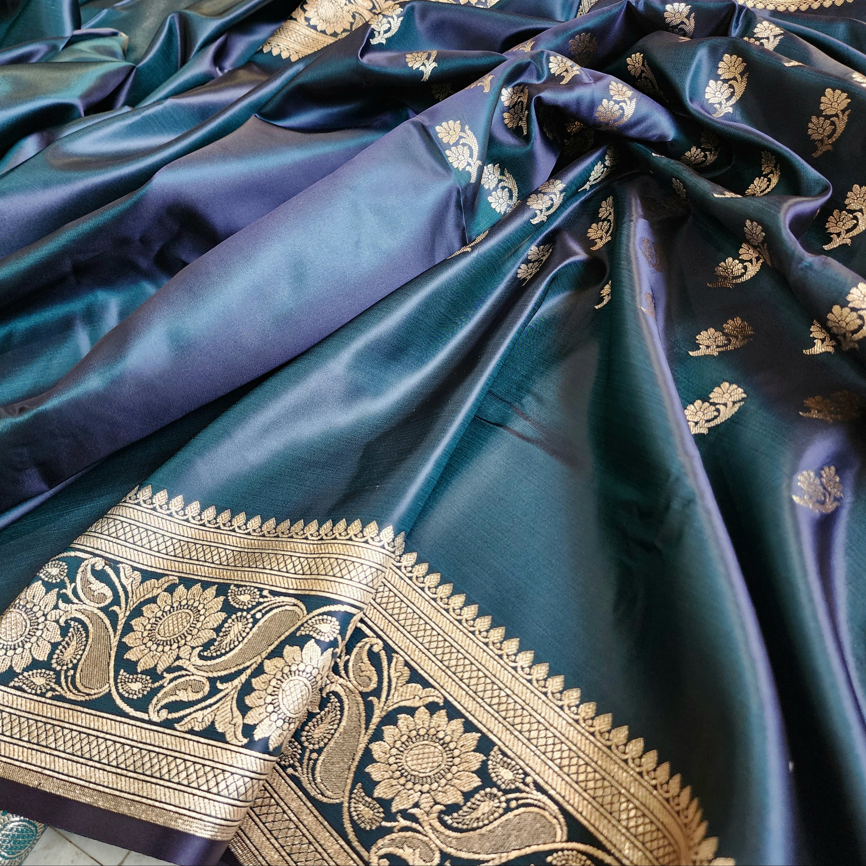 Teal Blue Pure Banarasi Katan Silk Saree with light Gold Zari Weaving
