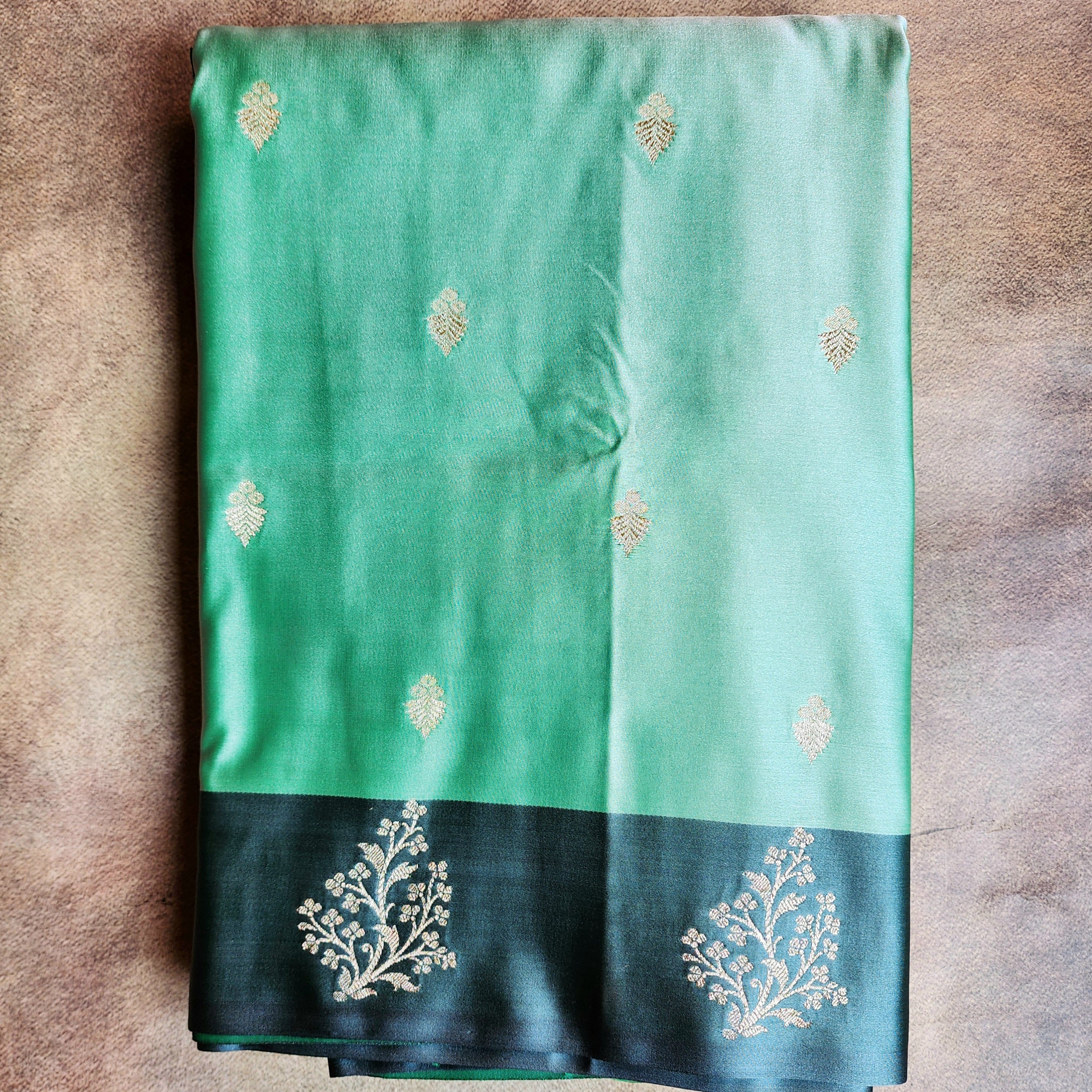 Sea Green Katan Silk Saree with Peacock Green Gold Zari Border