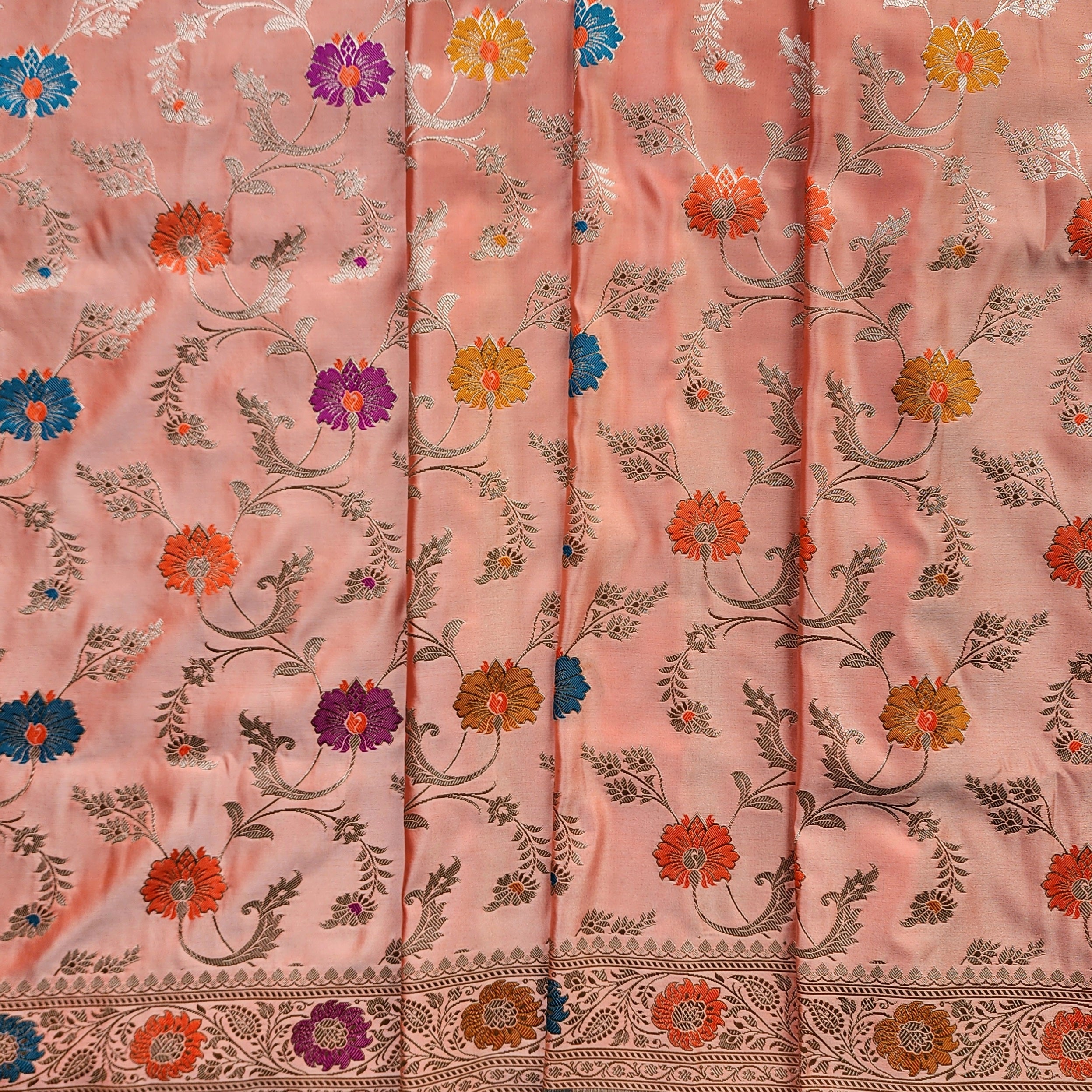 Enriched Banarasi Katan Silk Saree | Peach Multicolor Meenakari Floral Jaal