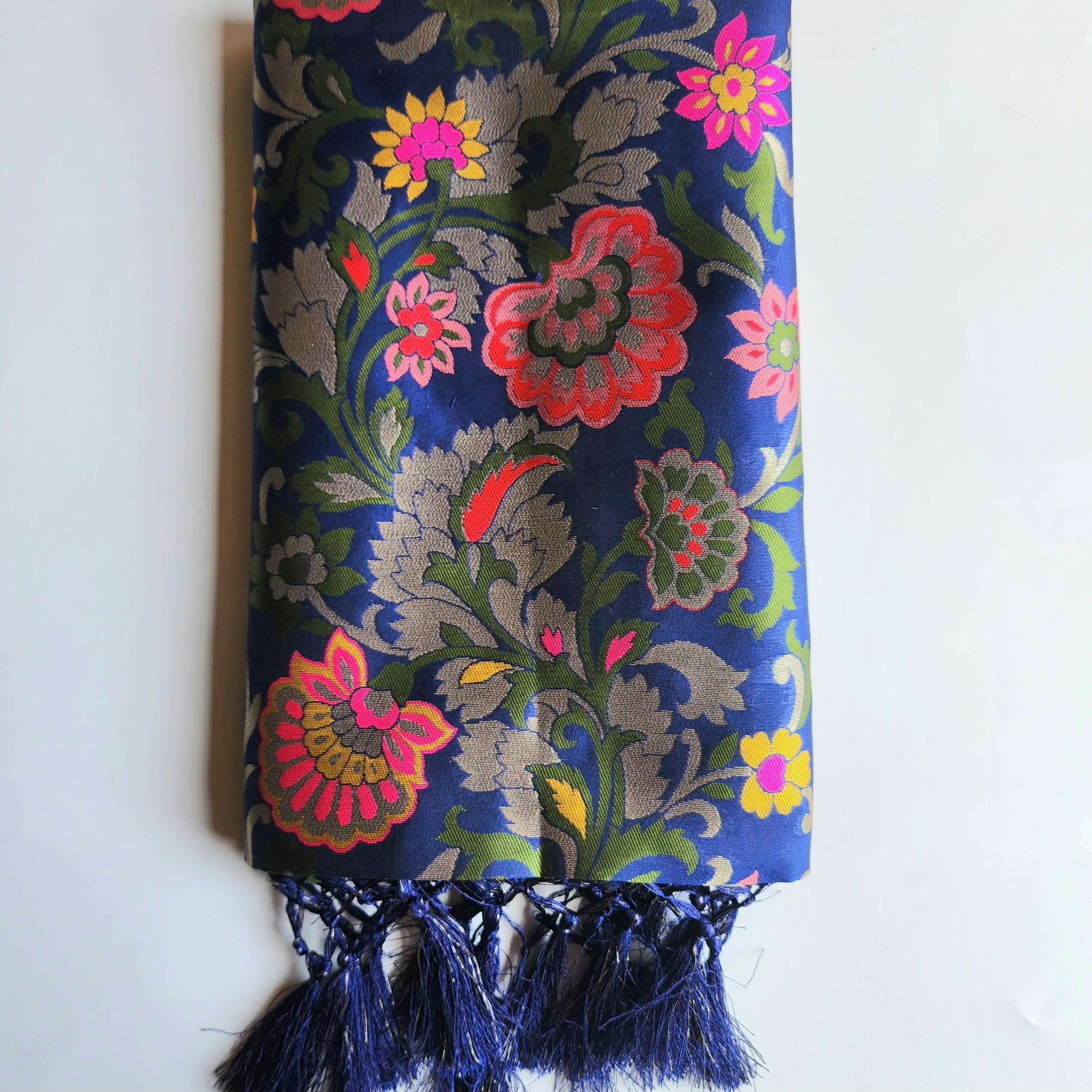 Banarasi Silk Navy Blue Dupatta with Multicolor & Gold Floral Handweaving