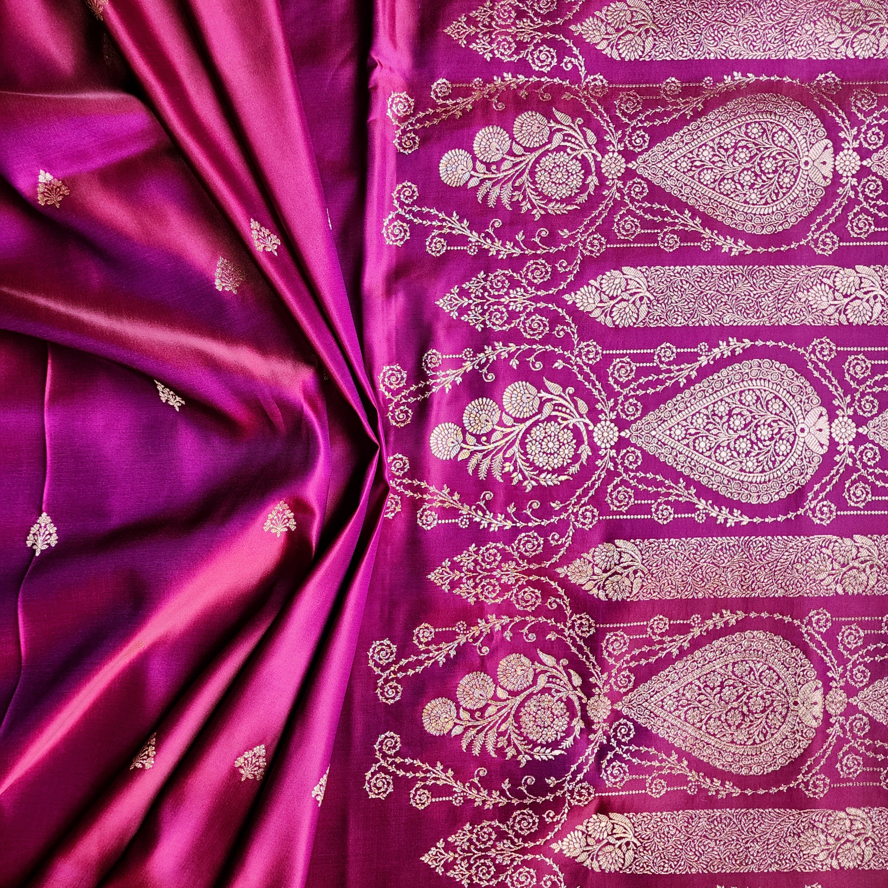 Wine Maroon Pure Banarasi Katan Silk Saree with Mustard Yellow Border