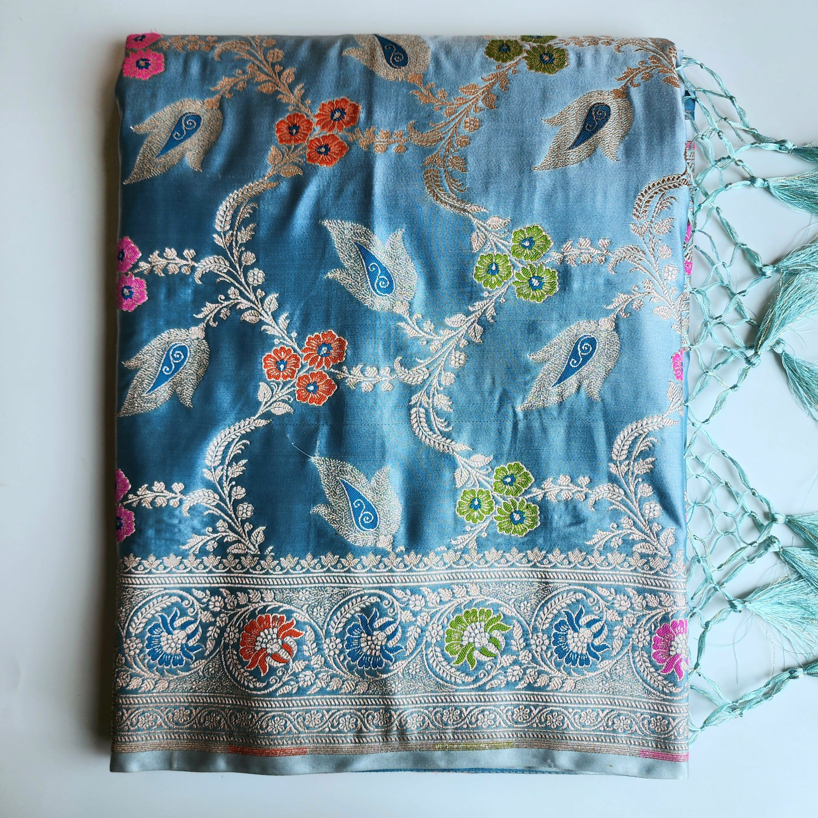 Enriched Powder Blue Banarasi Katan Silk Saree with Multicolor Meenakari Floral Jaal