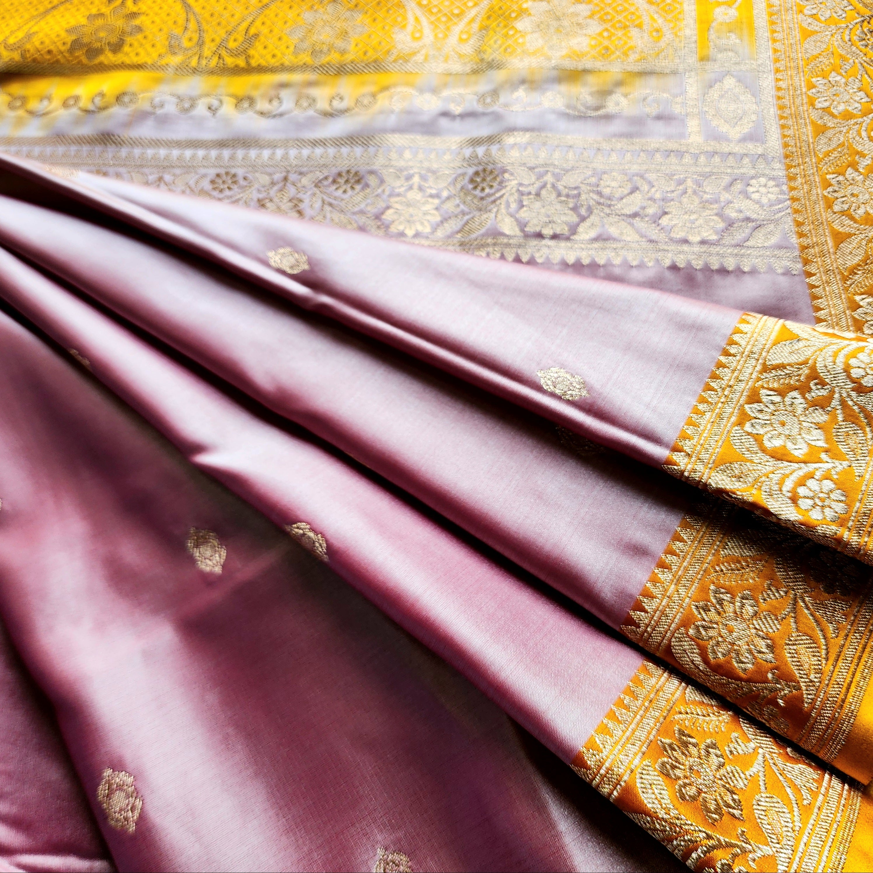 Dusty Rose Pink Katan Silk Saree with Mustard and Gold Zari Border