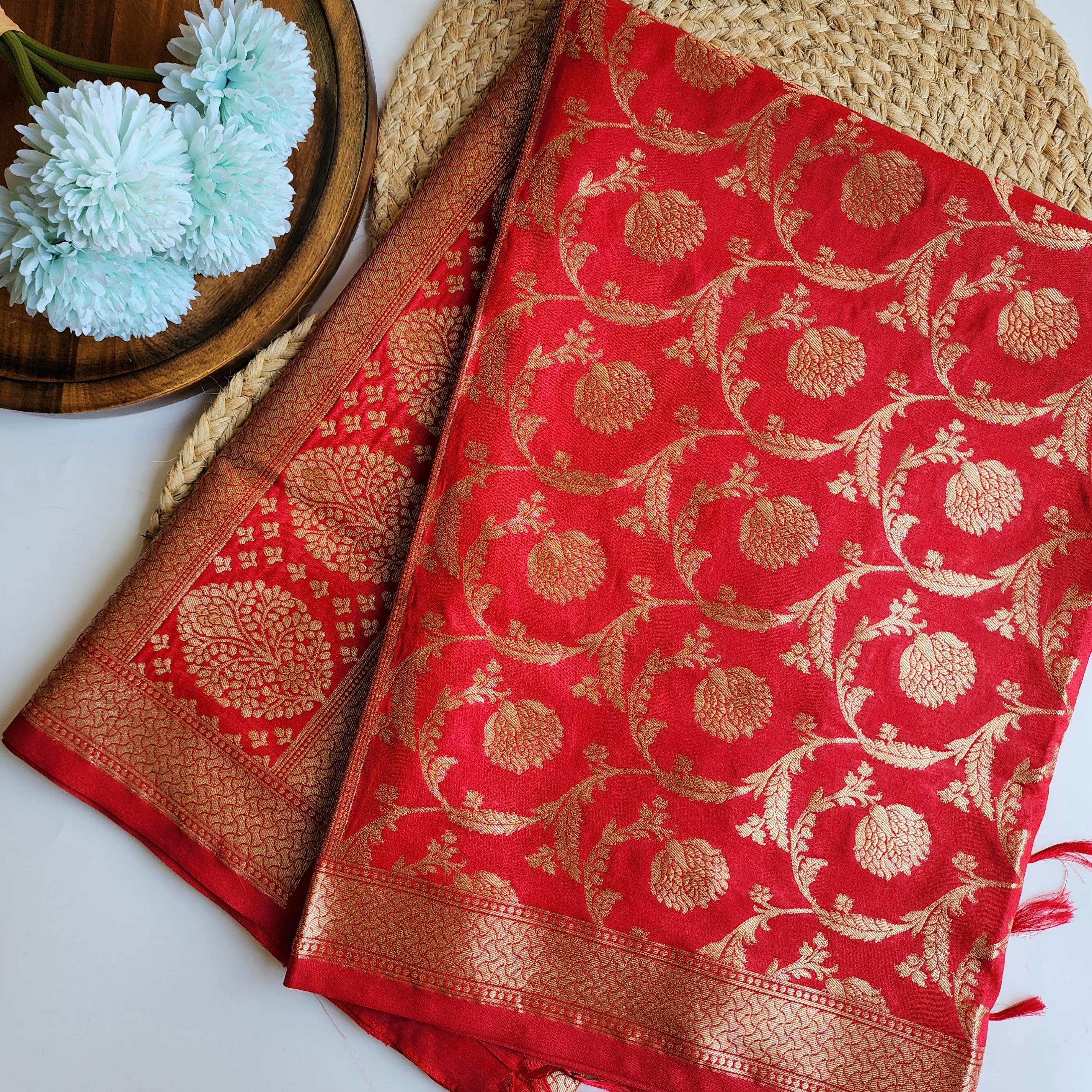 Red Banarasi Dupatta - Zari Blossom Motifs