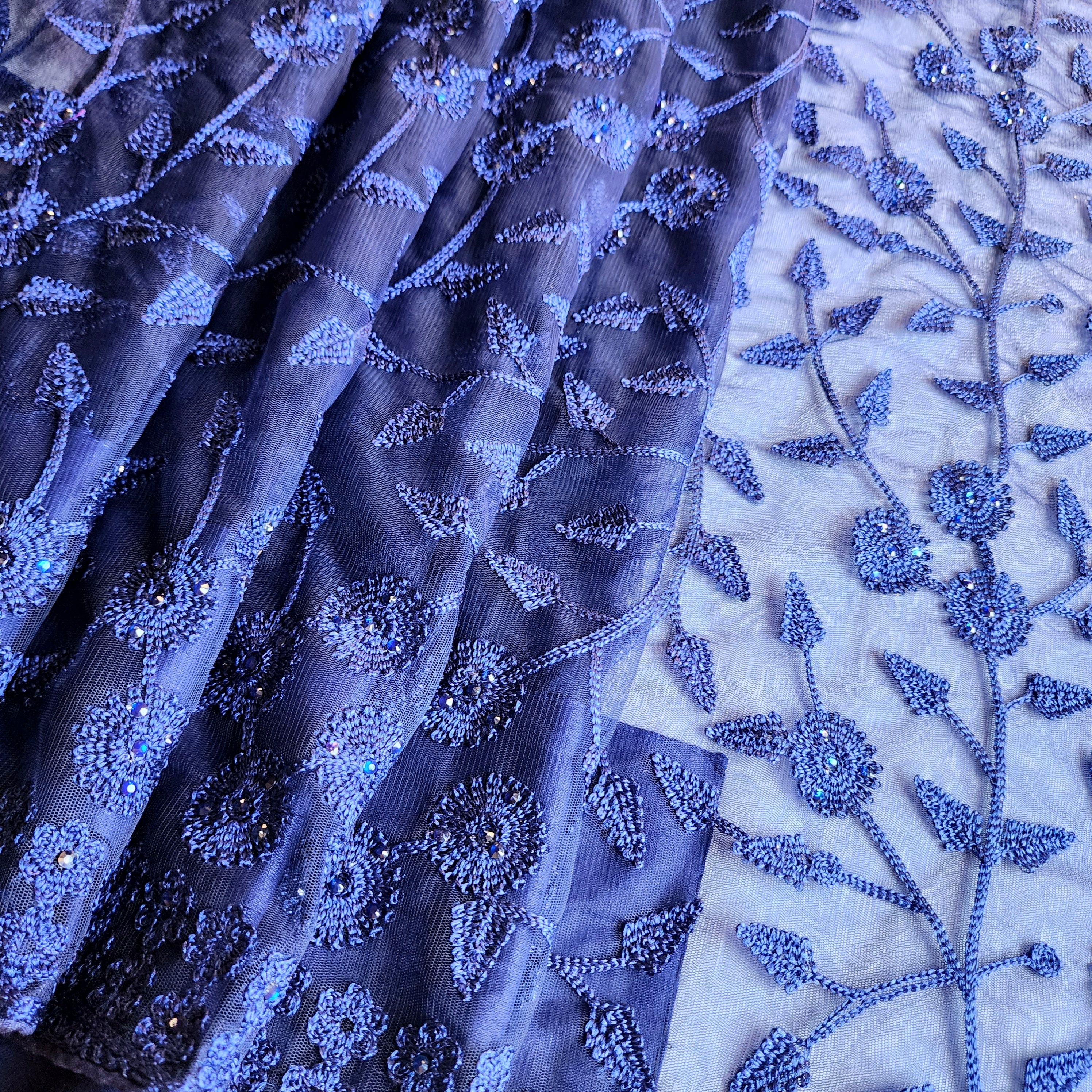 Embroidered Net Designer Saree in Dark Blue