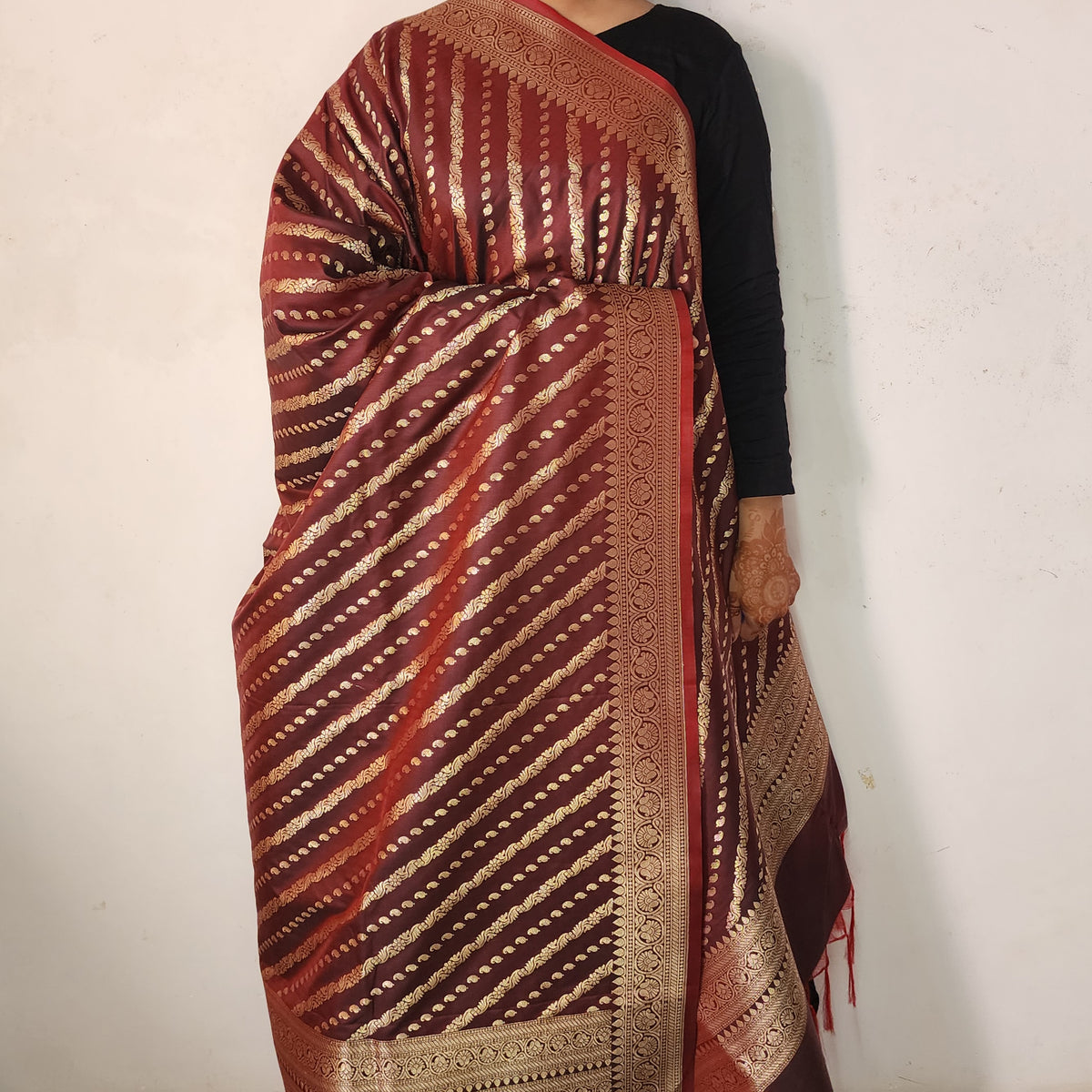 Deep Burgundy - Banarasi Leheriya Style Dupatta